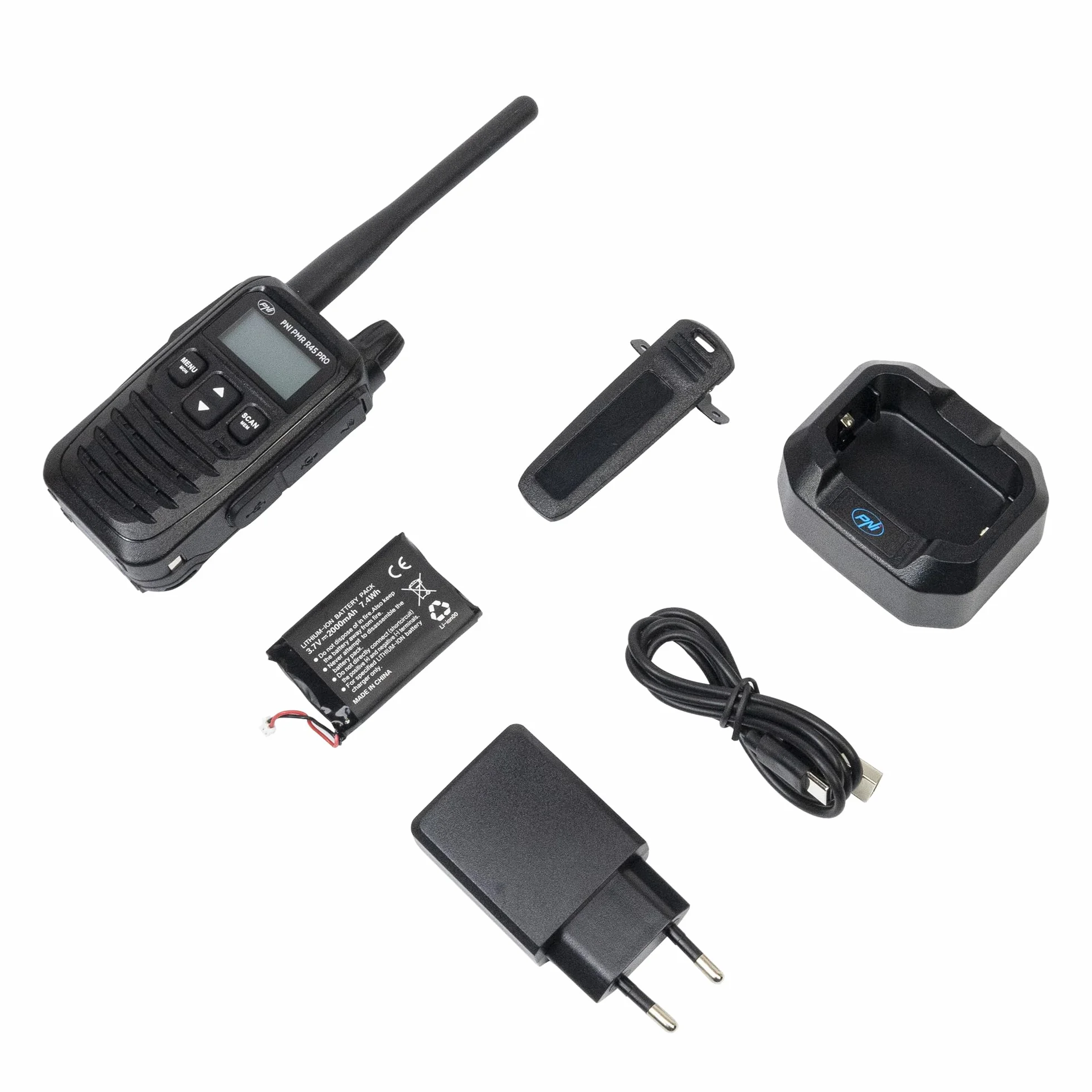 PMR R45 PRO 446 MHz, 0,5 W, 99 canali programmabili, 16 PMR e 38 CTCSS e 104 toni DCS, silenzioso a 5 livelli, VOX, TOT, BCL, Scan, Roger Beep