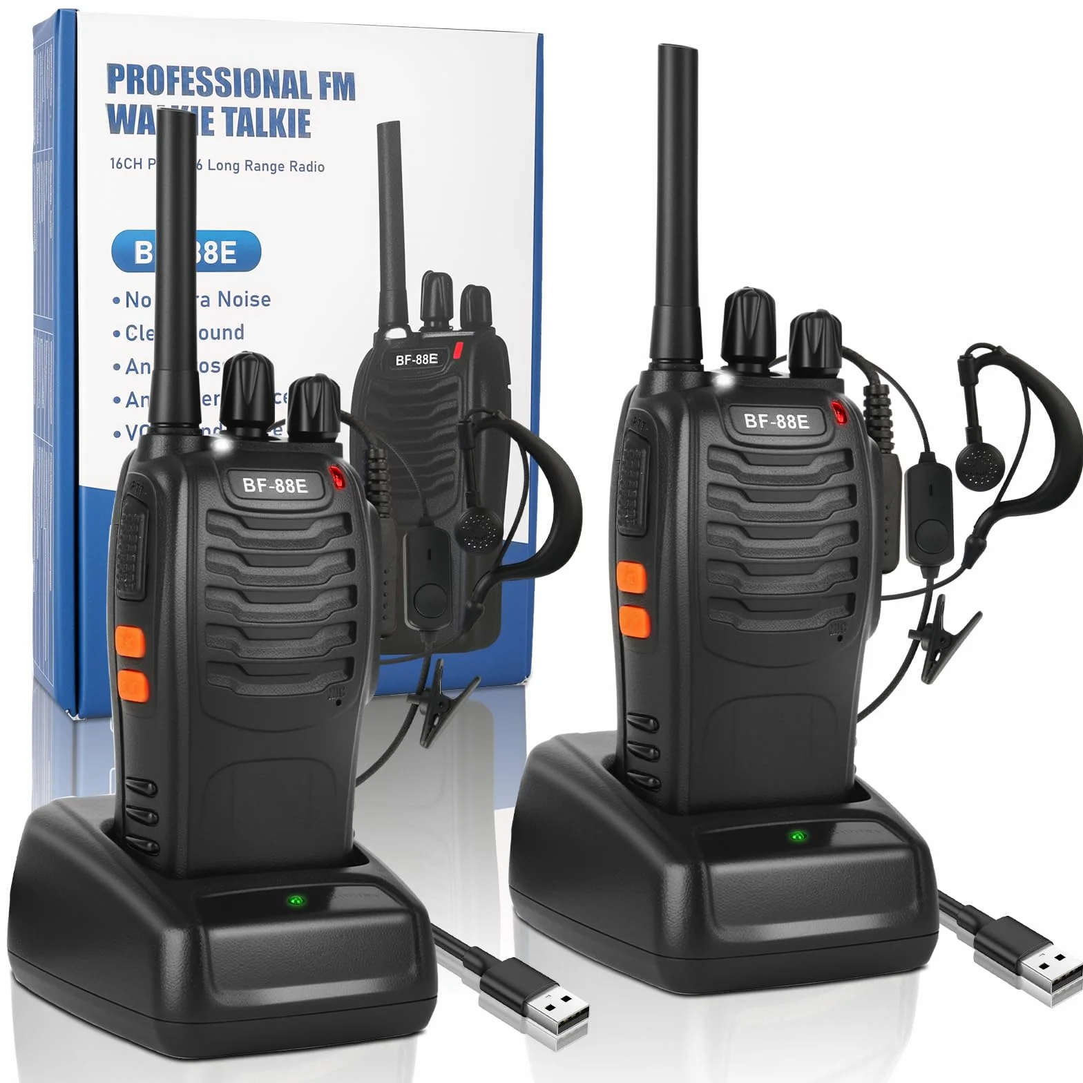 Walkie Talkie PMR446 Radio Ricetrasmettitore, 16 Canali Walkie-talkie Professionali Ricaricabili a Lungo Raggio con Auricolare e Luci LED Adatte per Sport All'Aperto, Cantiere (2 Pezzi, Nero)