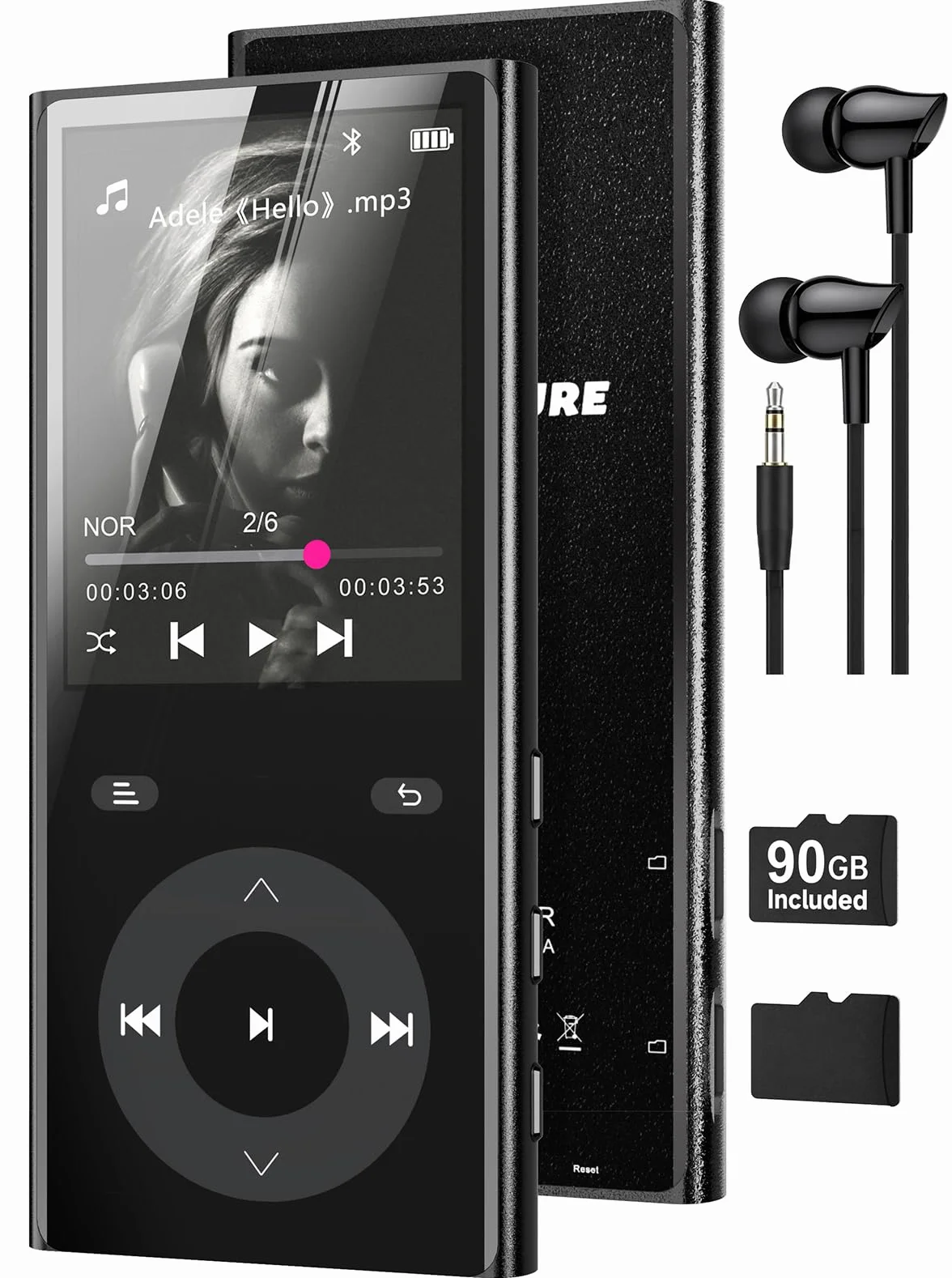90 GB Lettore MP3 Bluetooth 5.3, MP3 Player con 2 slot per schede TF | schermo a colori da 2,4", pulsante touch, lettore MP3 con altoparlante audio HiFi, fino a 256 GB supportati