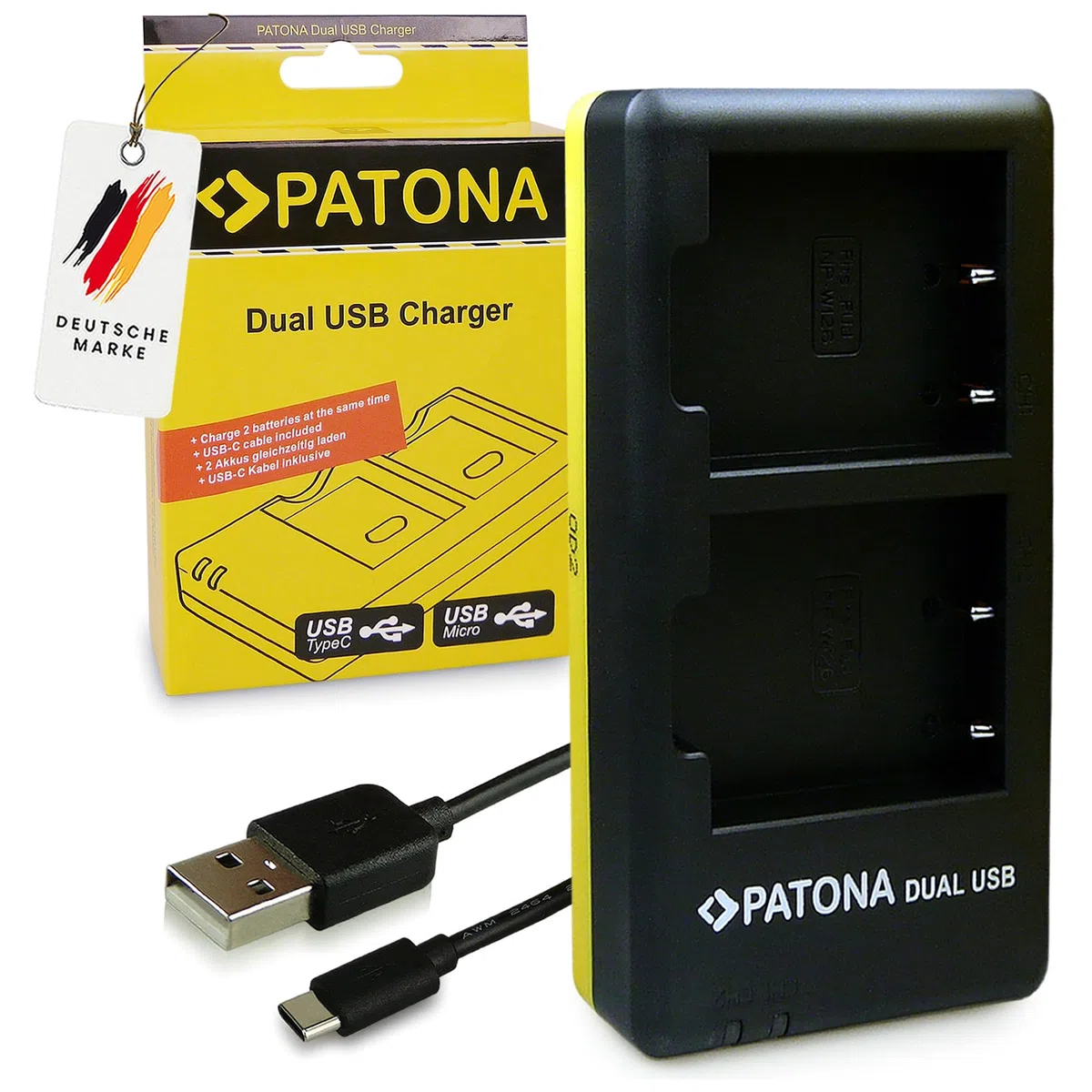 PATONA Caricatore Doppio USB-C + 2x Protect Batteria NP-W126s (1210mAh) – per Fujifilm X-T5 X-T50 X100VI X100F X-S10 X-T30 X-Pro3 X-E4 – set completo con sensore NTC