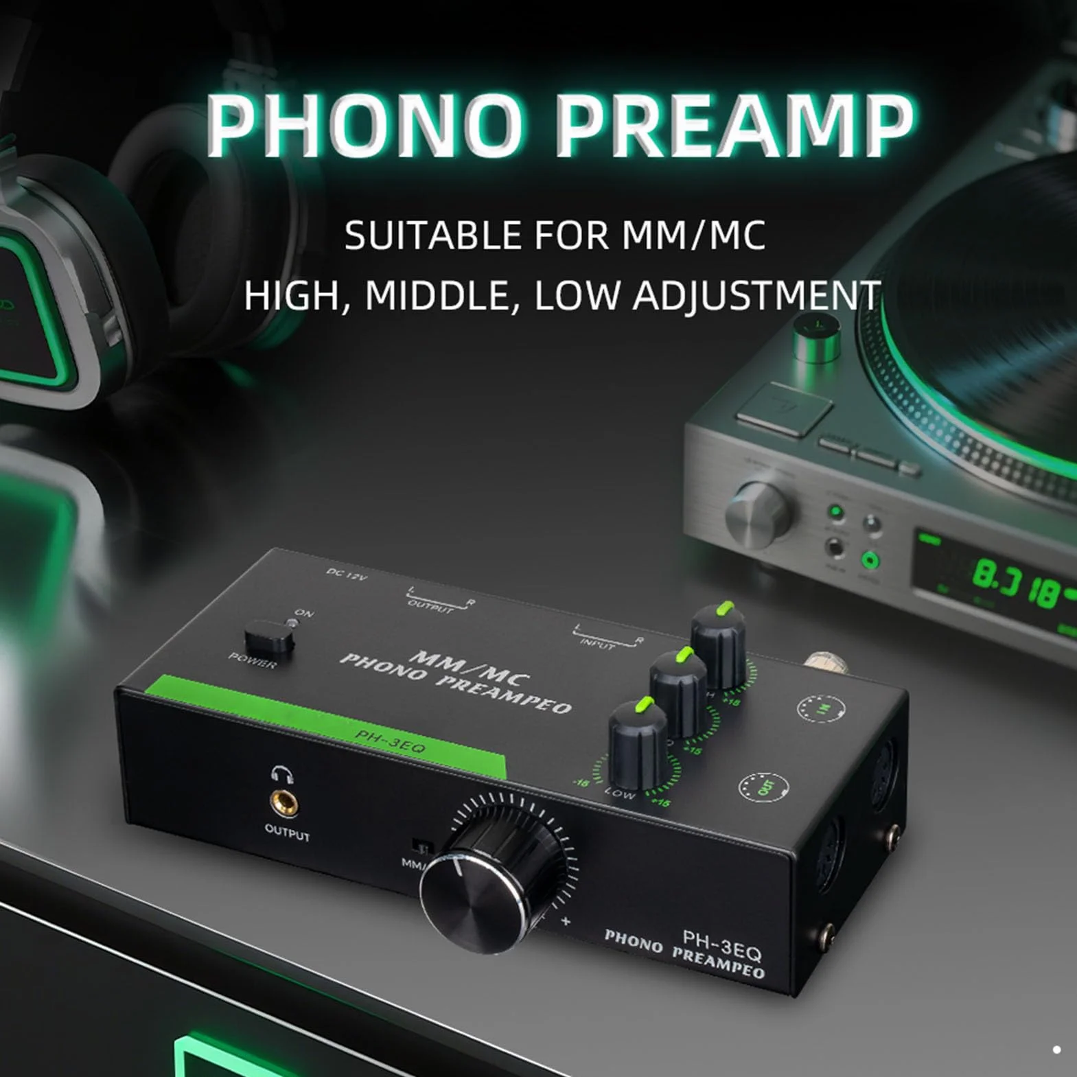 Asixxsix Preamplificatore Phono Mm/mc, Output di Ingresso XLR a 5 Pin Preamplificatore Phono Stereo Professionale per il Giradischi Stereo, Output per Cuffie da 3,5 Mm (eu)