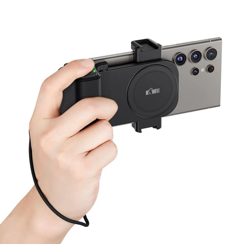 KIWIFOTOS Impugnatura Grande Smartphone Grip con Wireless Telecomando Bluetooth, Registrazione Vlogging Riprese per Telefoni Android e iOS Larghezza 59-85mm
