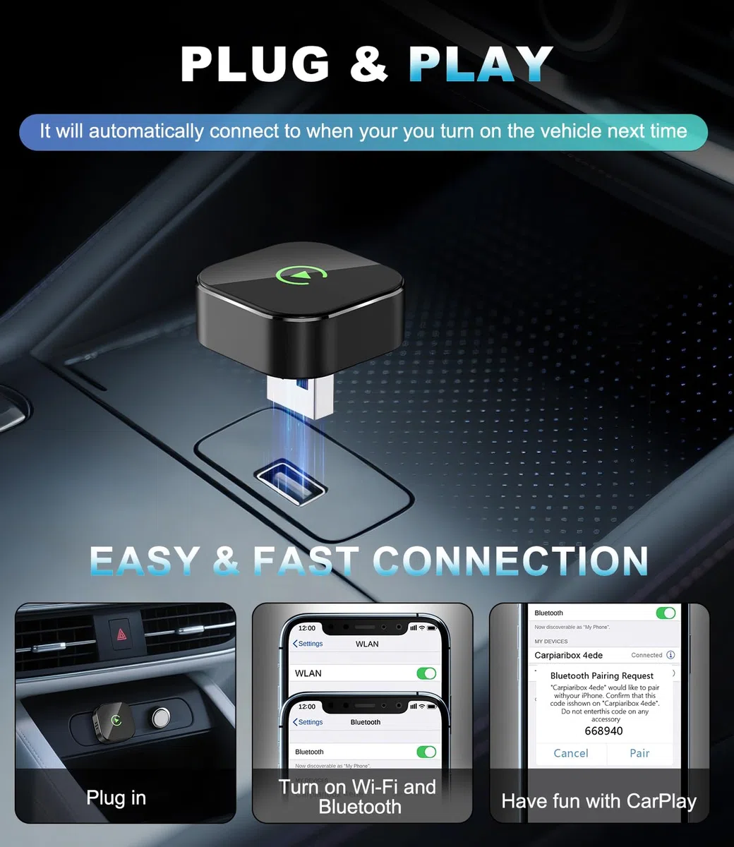 Adattatore CarPlay Wireless per Apple, Converte l'adattatore Cablato in Wireless CarPlay, Plug & Play, Solo CarPlay Dongle Stick per Auto con Car Play Cablato e per iPhone iOS 10+