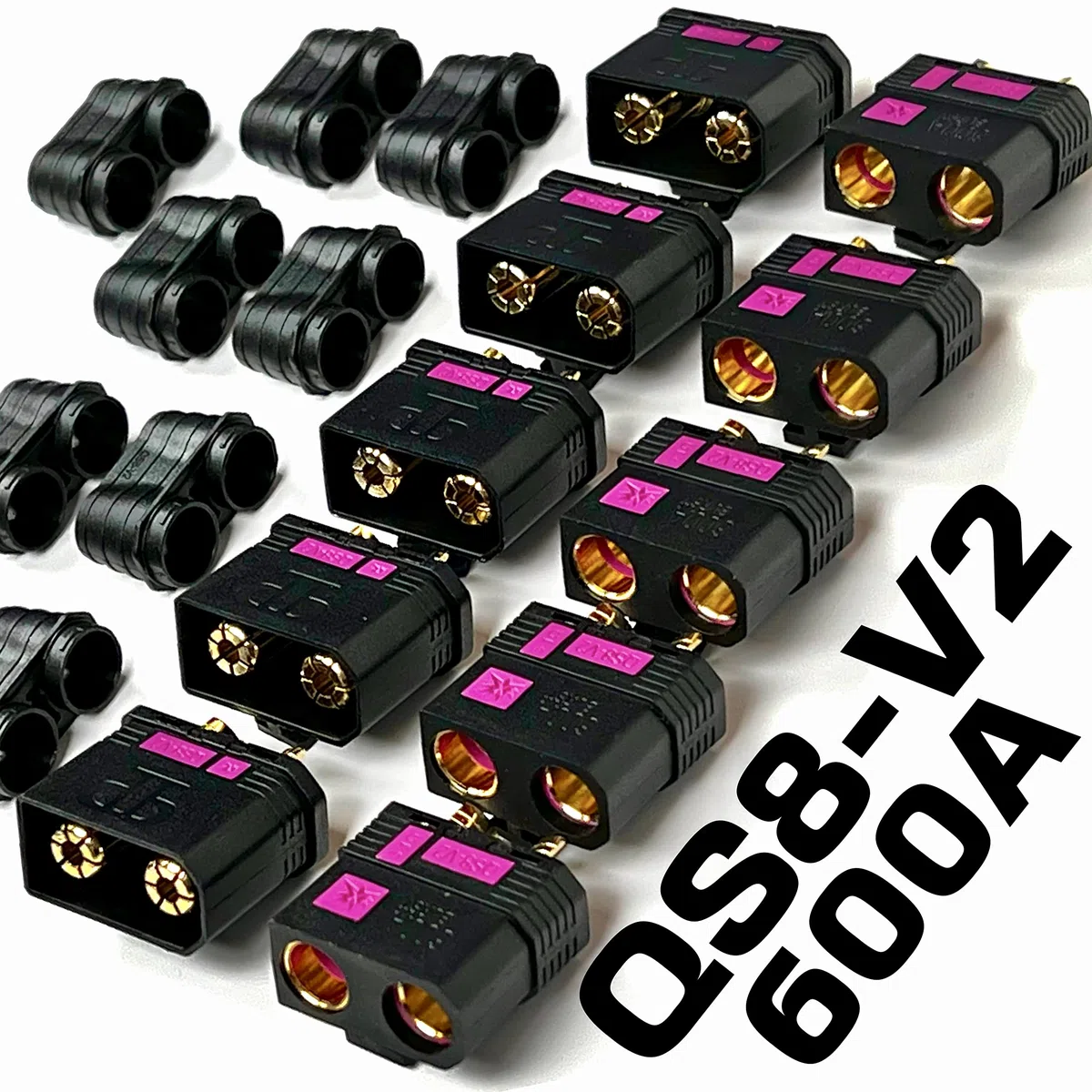 Perfect Pass QS8-V2 - Set di connettori anti-scintilla (5 pezzi) maschio e femmina + coperture per cavi (4 pezzi x 5) / nuova versione migliorata del connettore QS8-S / 600A Burst/proiettili da 8 mm