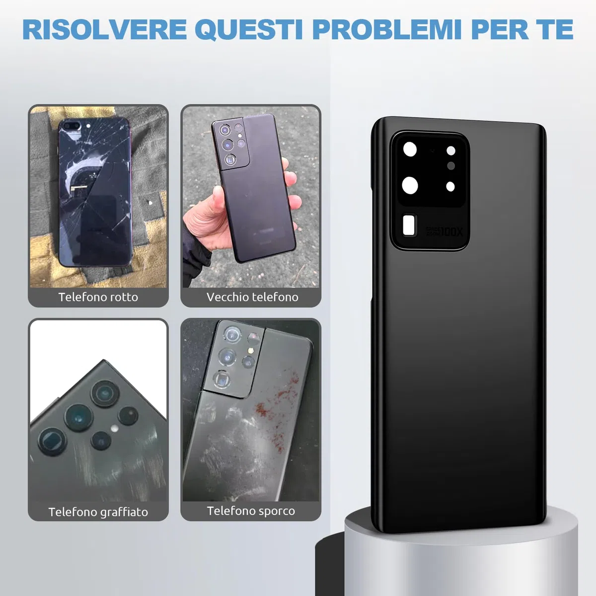 Vetro Posteriore per Samsung Galaxy S20 Ultra G988, Nero | Qualità originale scocca vetro posteriore copribatteria back cover cover posteriore back glass con lente fotocamera kit.
