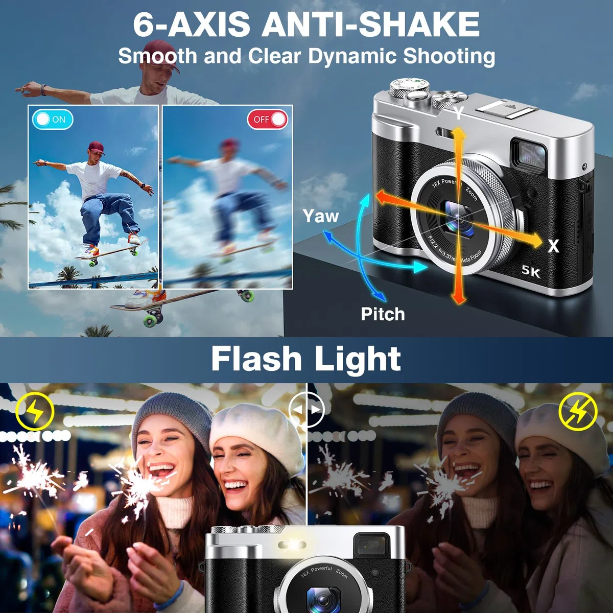 5K Fotocamera Digitale, 48MP, Vlogging, Compatta, Unisex, 32GB, Mirino, Flash, 2.8 Pollici, TikTok, YouTube, Webcam, HDMI, 1/4"-20, Treppiede