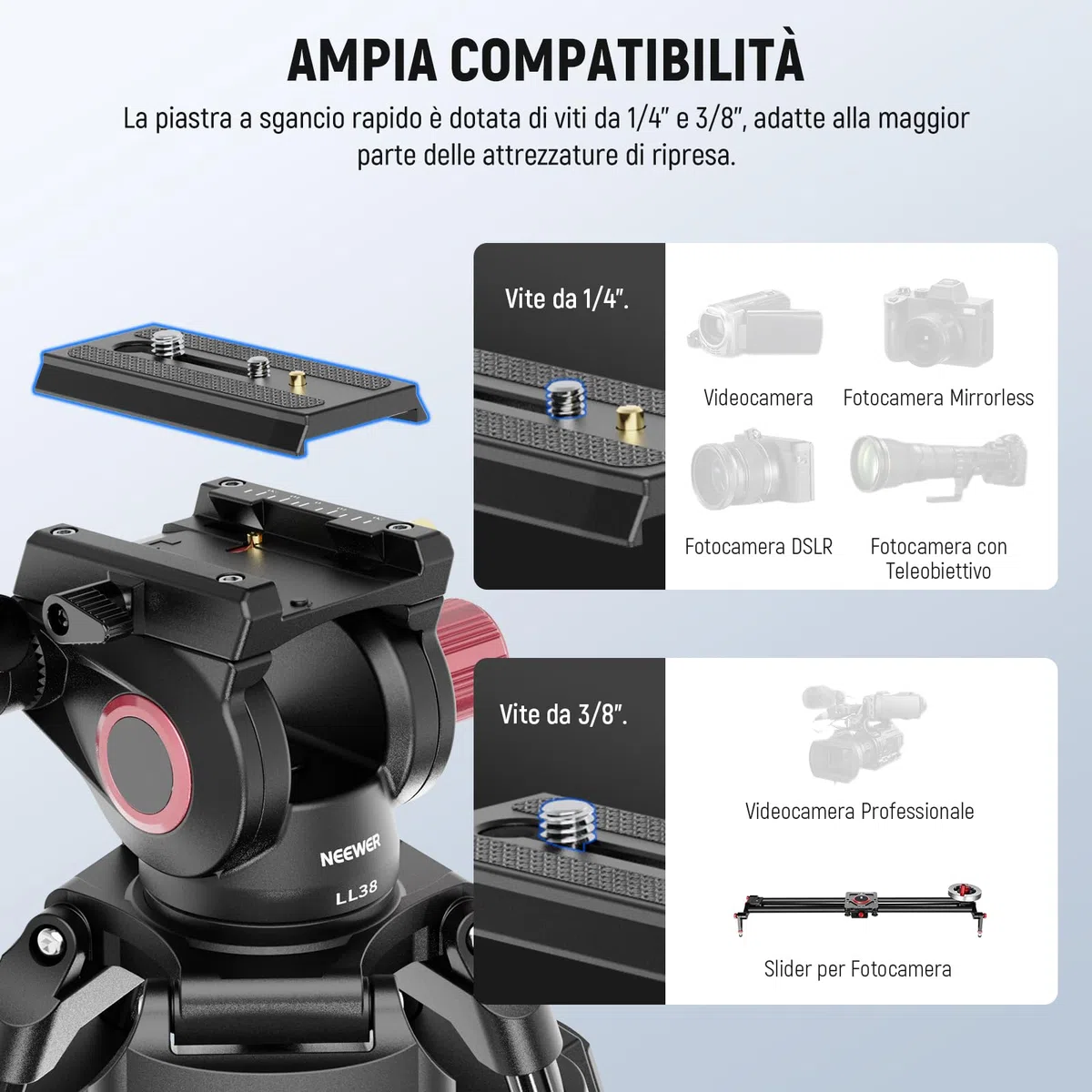 NEEWER LL38 2m Treppiede Video per Fotocamera con Testa Fluida e Panno Pulizia, Tripod in Metallo Robusto con Piastra a Sgancio Rapido in Un Passo Compatibile con Canon Nikon Sony Videocamera, Max 8kg