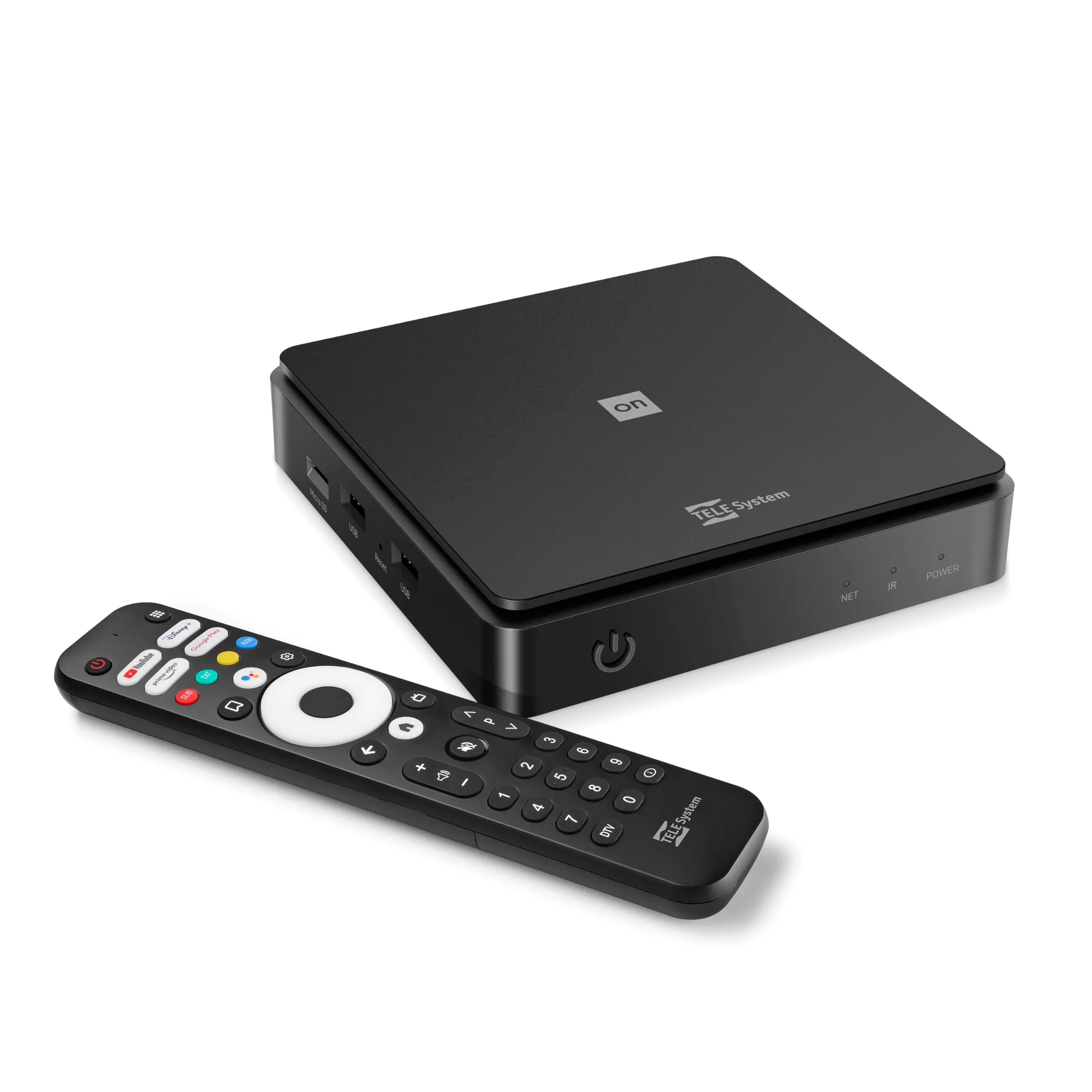 TELE System ON T2 HD: Decoder digitale terrestre Android TV, Smart TV Upgrade, Tuner DVB-T2 HEVC HDR10+HLG, HDMI, SCART Adapter Incluso - Certificato Google