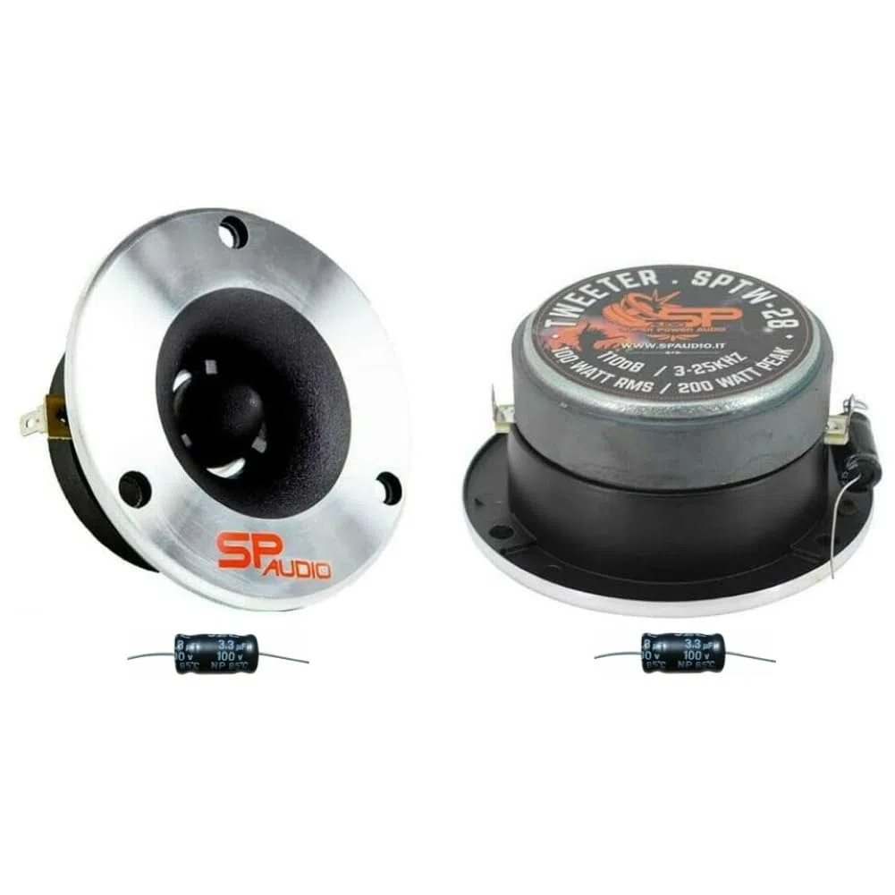 KIT SET PER SP AUDIO SPTW28 TW28 2 tweeter ultra slim da 100 watt rms e 200 watt max, da 9,40 cm di diametro, 107 db, profondità solo 4,2 cm, a coppia + condensatori omaggio