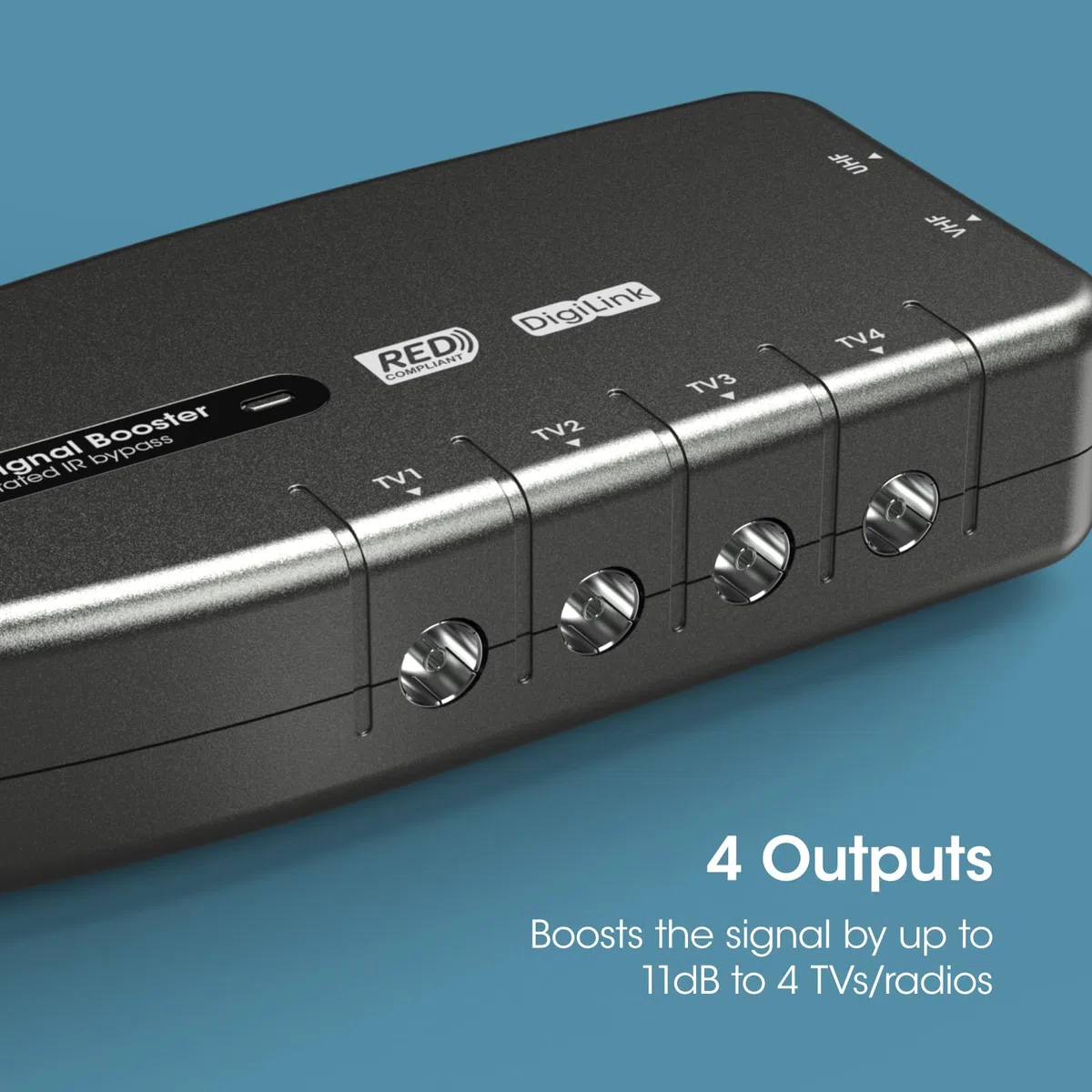 Signal Booster, SLx TV Amplifier Four Output 27820BMR, HD TV/FM/DAB Signal. 4 Way - Per HD and Freeview