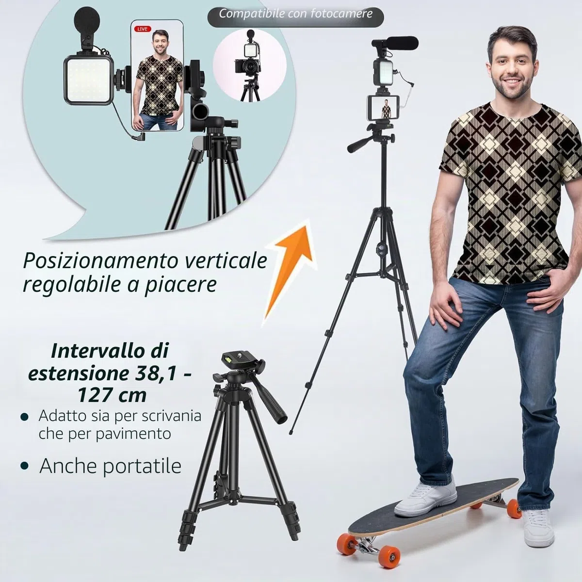 Kit per vlogging su YouTube, per iPhone/Androidphone/telecamere Supporto per telefono per registrazione video con treppiede estensibile/microfono/luce di riempimento/telecomando di cattura