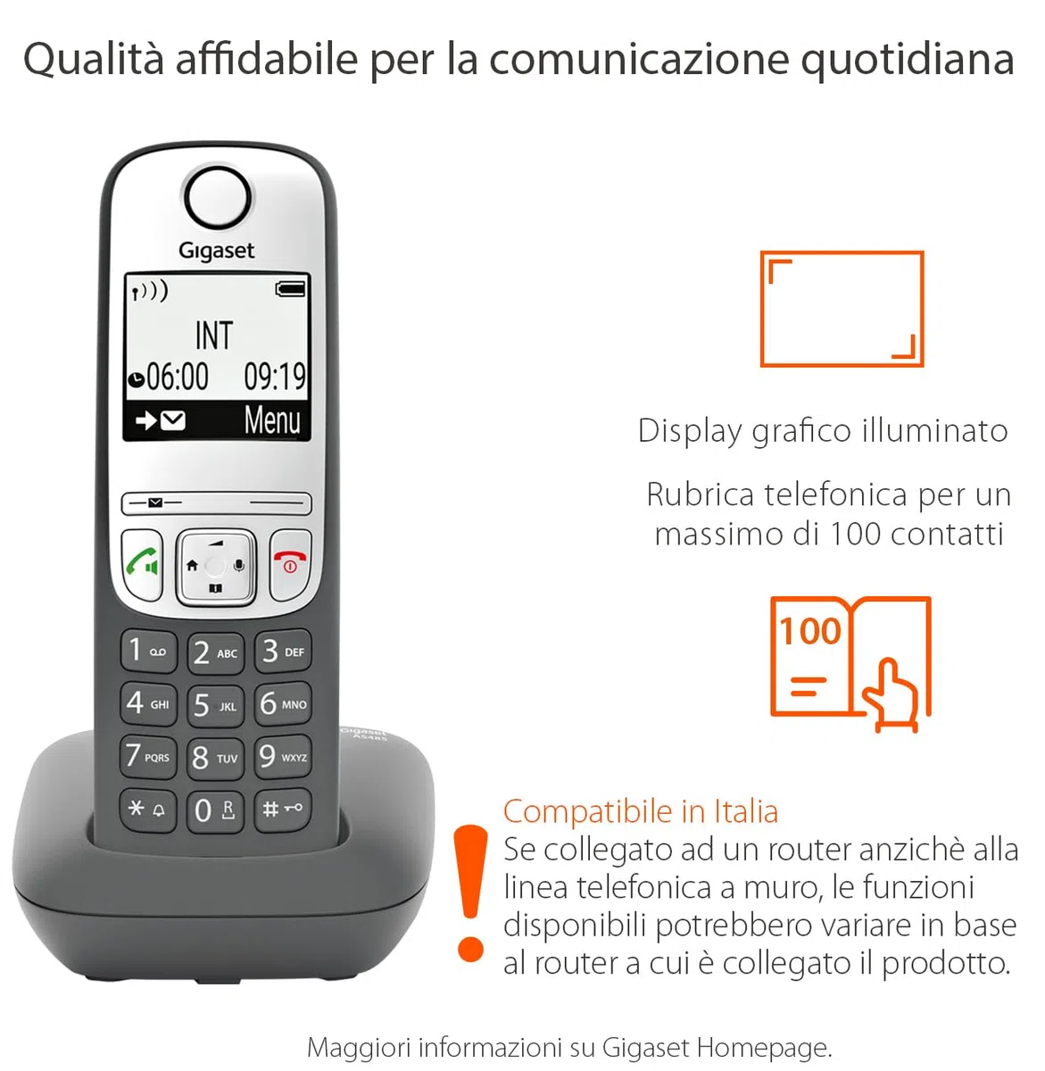 Gigaset AS485 - Telefono Cordless - Vivavoce - Numeri grandi sul display - Tastiera Illuminata - Risparmio energetico, Grigio Antracite [Versione Italiana]