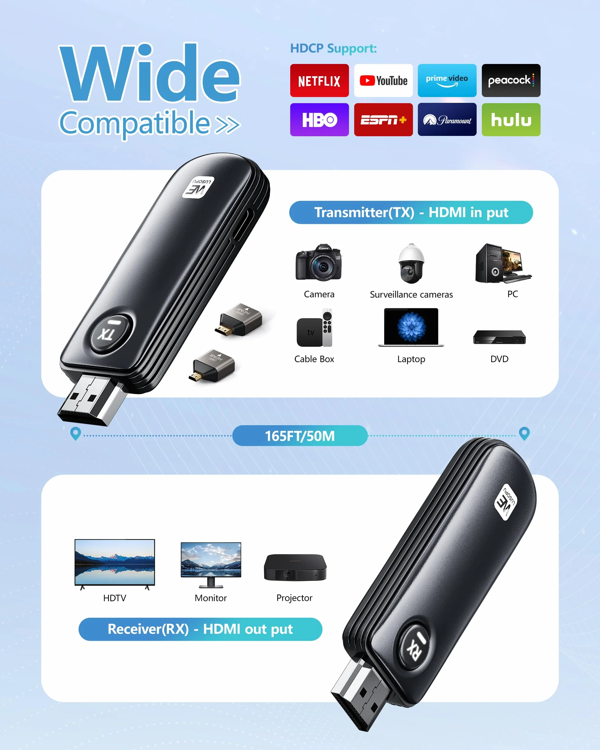2026 Trasmettitore e ricevitore HDMI senza fili, Decodifica 4K Uscita 1080P, 2.4/5G Stabile Trasmissione, Supporta WIreless Streaming Video/Audio/File da Laptop, PC a Monitor/HDTV/Proiettore - 50M