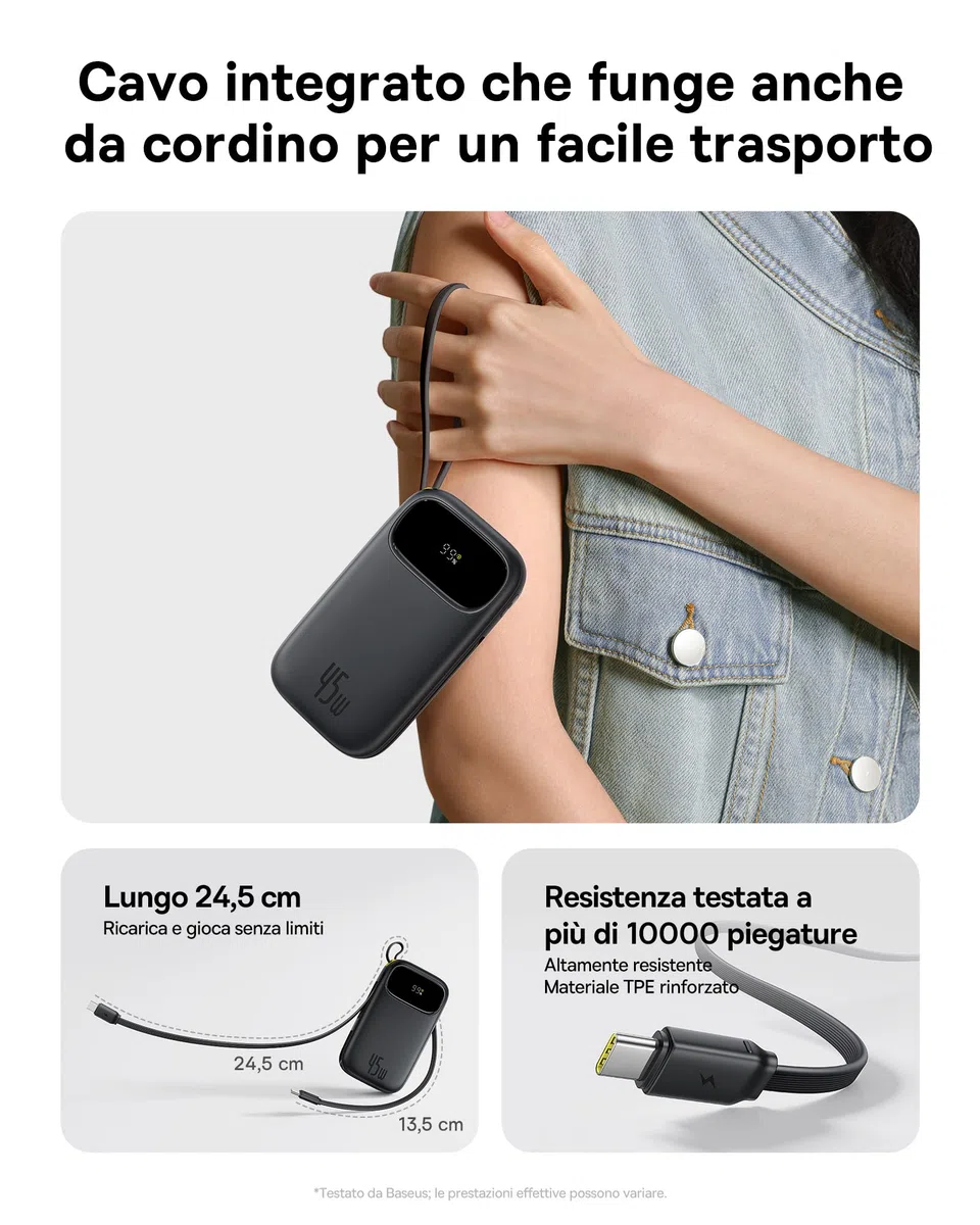 Baseus Powerbank 45W 20000mAh con 2 Cavi USB-C Integrati, Ricarica Rapida Power Bank PD3,0 QC4,0, 3 C 1 A, Caricatore Portatile per iPhone 17/16/15 Pro Max, iPad, Samsung, Nero