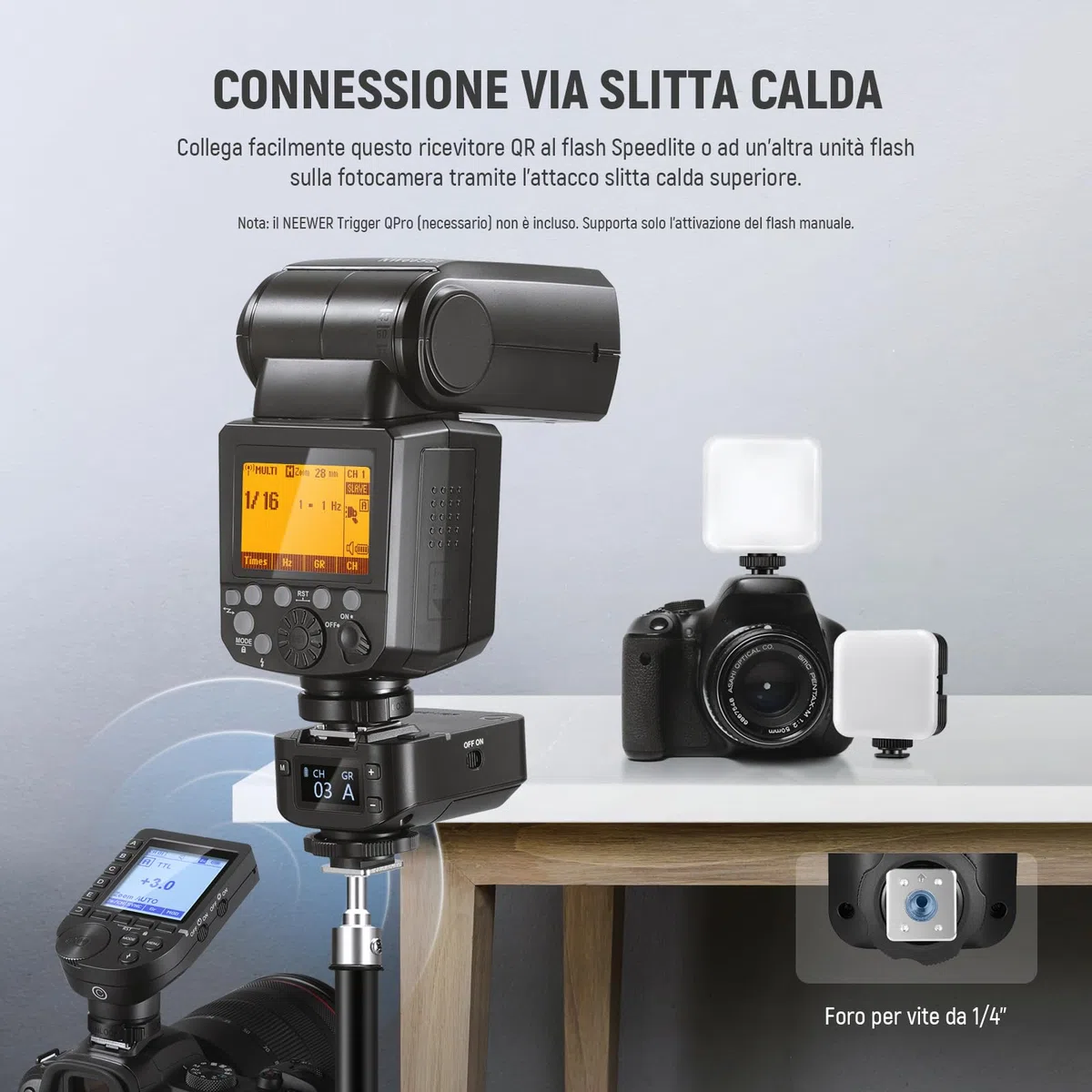 NEEWER Ricevitore di Flash Wireless QR 2,4G per NEEWER Trigger QPRO-C, QPRO-N, QPRO-S, Contatto Singolo con Porta Sinc 2,5mm, Filettatura 1/4", Compatibile con Godox Aputure NEEWER Vision4 ML300W S101