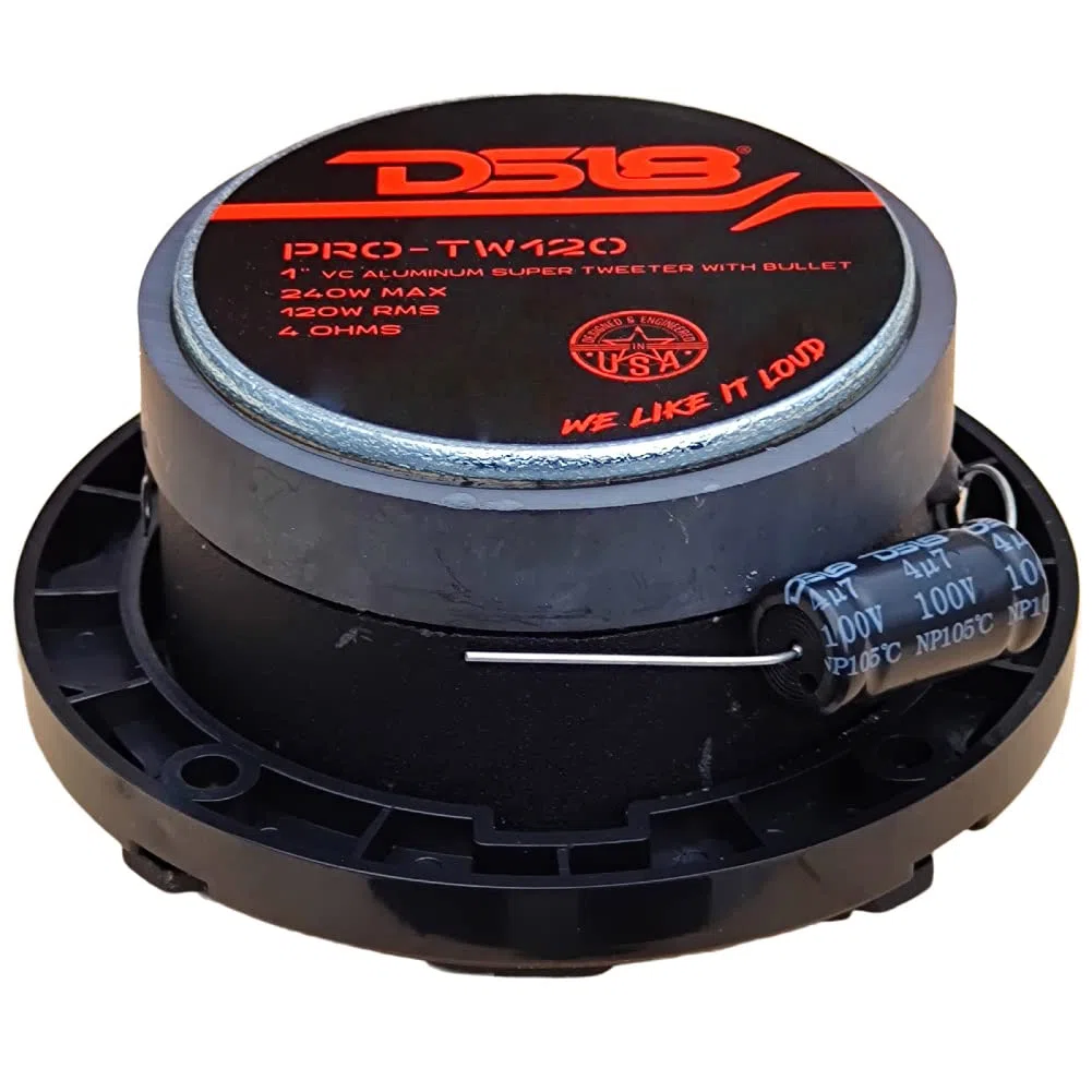 2 DS18 PRO-TW120 super tweeter grigi in alluminio da 120 watt rms e 240 watt max da 7,90 cm di diametro impedenza 4 ohm sensibilità 103 db, a coppia + 2 condensatori e 3 sticker omaggio