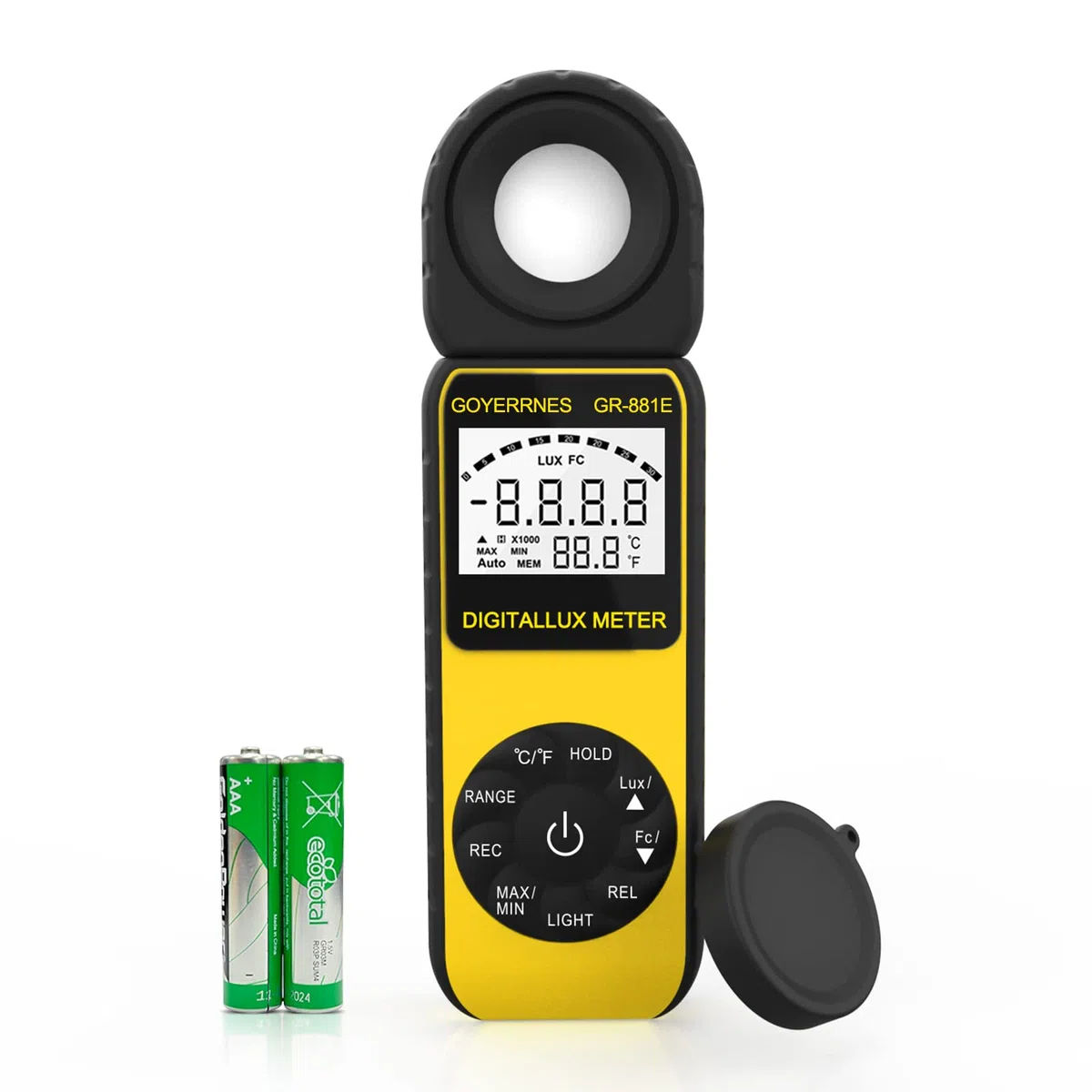 Misuratore di illuminazione digitale, misuratore di lux GR-881E portatile per l'illuminazione a temperatura ambiente misura fino a 300.000 Lux fotometro con rilevatore ruotabile di 270º.