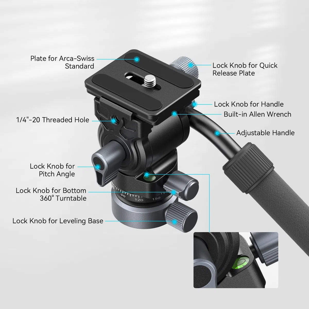 SMALLRIG Testa Video Fluida per Treppiede con Base di Livellamento, Piastra a Sgancio Rapido per Arca-Swiss e Impugnatura Regolabile, per Fotocamere DSLR, Carico Fino a 4 kg - 4170B