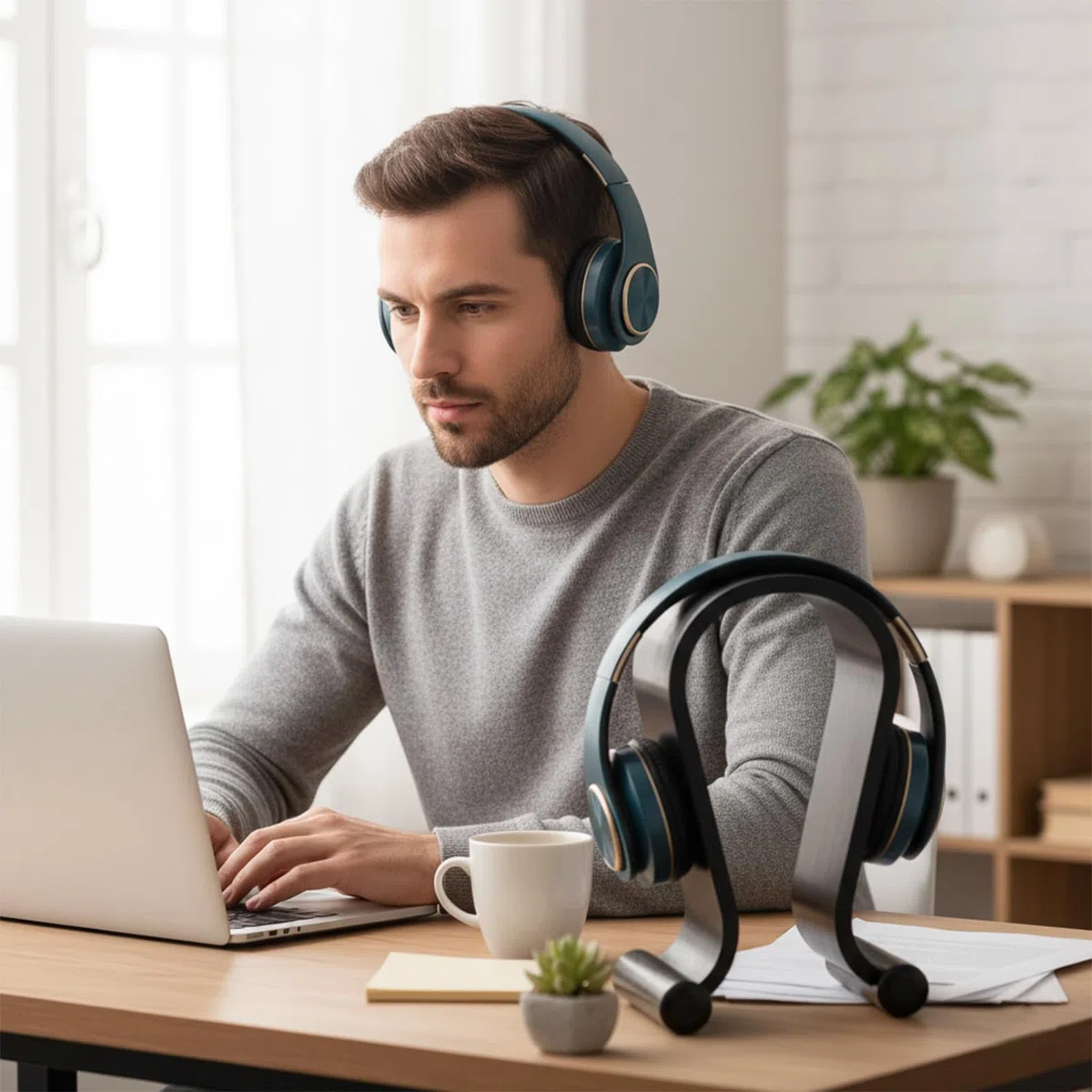 Espositore per Cuffie in Legno Naturale, Supporto Universale a Forma di U con Base Antiscivolo - Design Moderno, Ecologico per Cuffie Cablate/Wireless (Nero)
