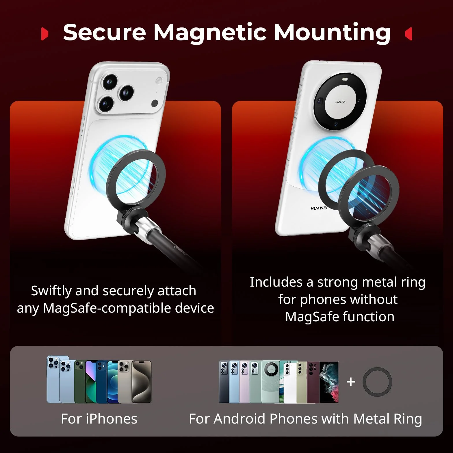 SMALLRIG Morsetto Magic Arm, supporto per telefono per Magsafe e anello adattatore magnetico, Magic Arm integrato da 11 pollici per iPhone, Android, per action cam/monitor LCD/luci LED - 5604