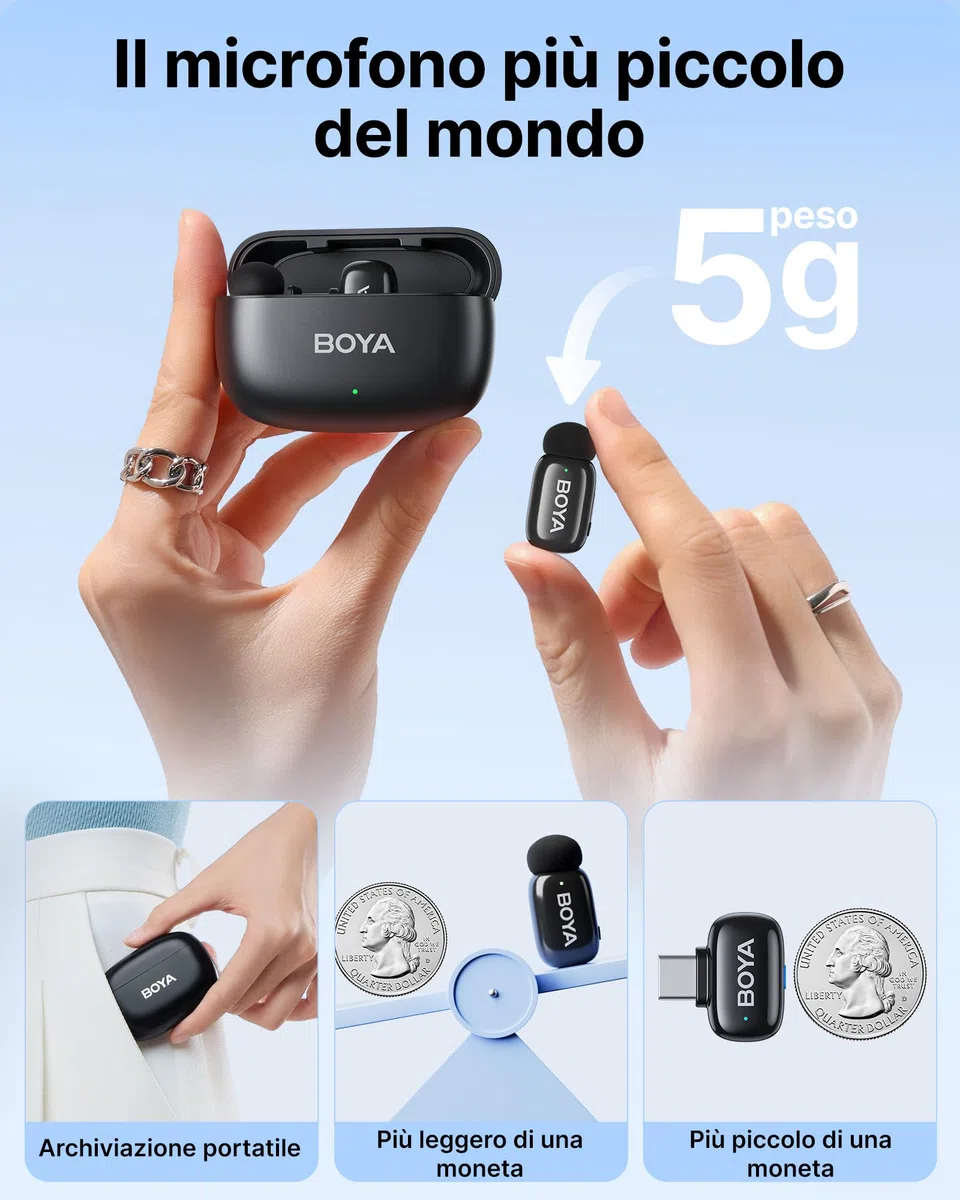 BOYA Mini Microfono Wireless per iPhone15/16 Android, Microfono Lavalier USB-C Ultraleggero 5g, Riduzione del Rumore, Mic Mini, 30h Utilizzo, Microfoni Wireless Professionali Type C