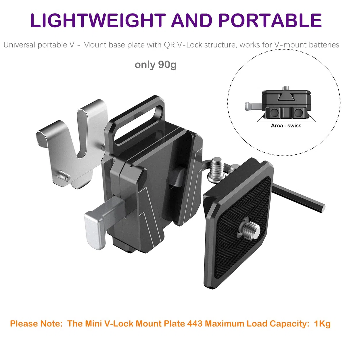 NICEYRIG Piastra Batteria Mini V Mount con clip da cintura, piastra di base standard Arca-Swiss per fotocamera SLR, pacco batteria, registratore, luce flash - 443