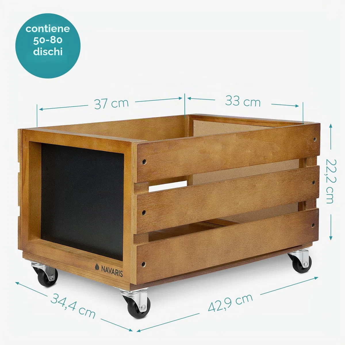 Navaris Cassetta Dischi Vinile in Legno - Cassa Porta Vinili 50-80 Dischi LP - Record Box 42,9x34,4x28cm con Ruote - Cassettina con Lavagna - Marrone