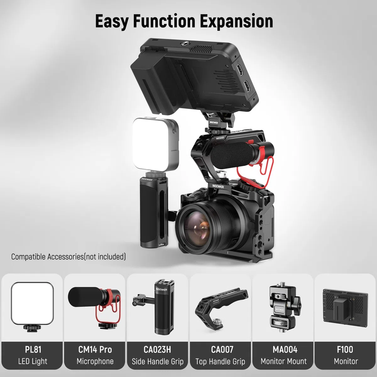 NEEWER R50 Gabbia per Fotocamera Compatibile con Canon EOS R50, Video Rig in Alluminio con Guida NATO, Filettatura 1/4", Fori ARRI 3/8", Slitta Fredda, Compatibile con DJI Gimbal Tipo Arca QR, CA031