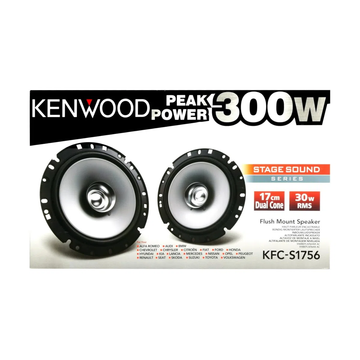 Kenwood, Sistema di altoparlanti KFC-S1756 serie Stage Sound a 2 vie, Potenza di picco 250W, montaggio a filo, doppio cono, Cono del woofer da 17cm in Polypropilene, Nero