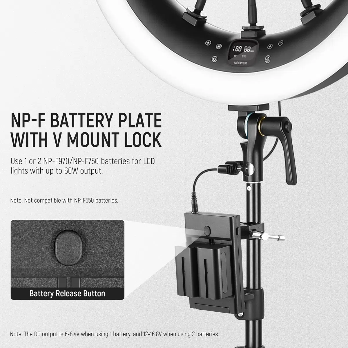 NEEWER Adattatore da Batteria NP-F a Batteria con Attacco a V per Luce Video LED con Supporto per Palo Super Clamp, Piastra Doppio Canale Compatibile con Sony npf F970 F750, Cavo DC 5,5x2,5mm, PS010E