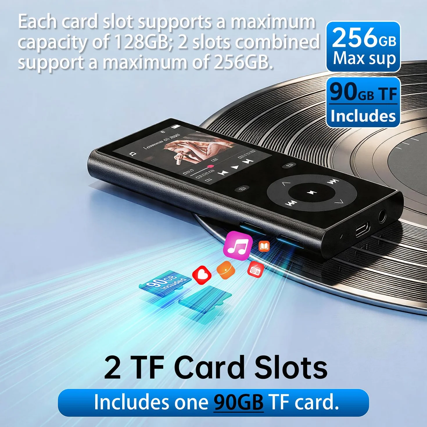 90 GB Lettore MP3 Bluetooth 5.3, MP3 Player con 2 slot per schede TF | schermo a colori da 2,4", pulsante touch, lettore MP3 con altoparlante audio HiFi, fino a 256 GB supportati