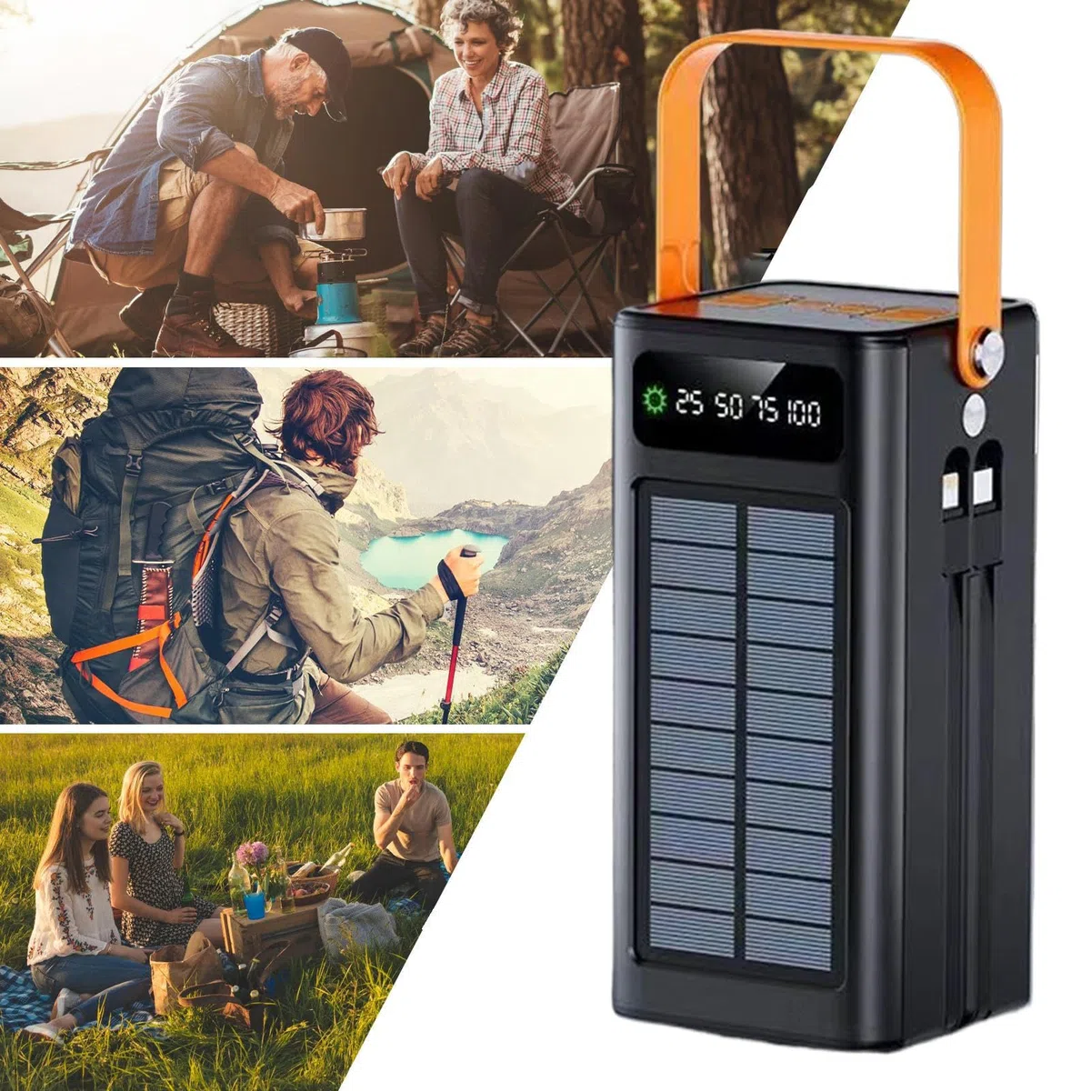 Batteria esterna solare, pacco esterno da 120W, 50000mAh attrezzatura di sopravvivenza con torcia e cavi integrati, unità di ricarica portatile per tutti i dispositivi mobili, viaggi, campeggio ed