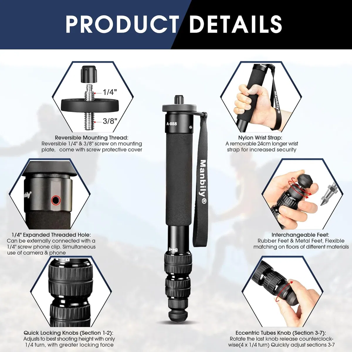Manbily A-888 Fotocamera Monopiede, Lunghezza 32 centimetri - 156 centimetri, Monopiedi in alluminio per fotocamere 7 Sezioni, Compact Viaggi Portatile Selfie Stick per DSLR Smartphone Concert