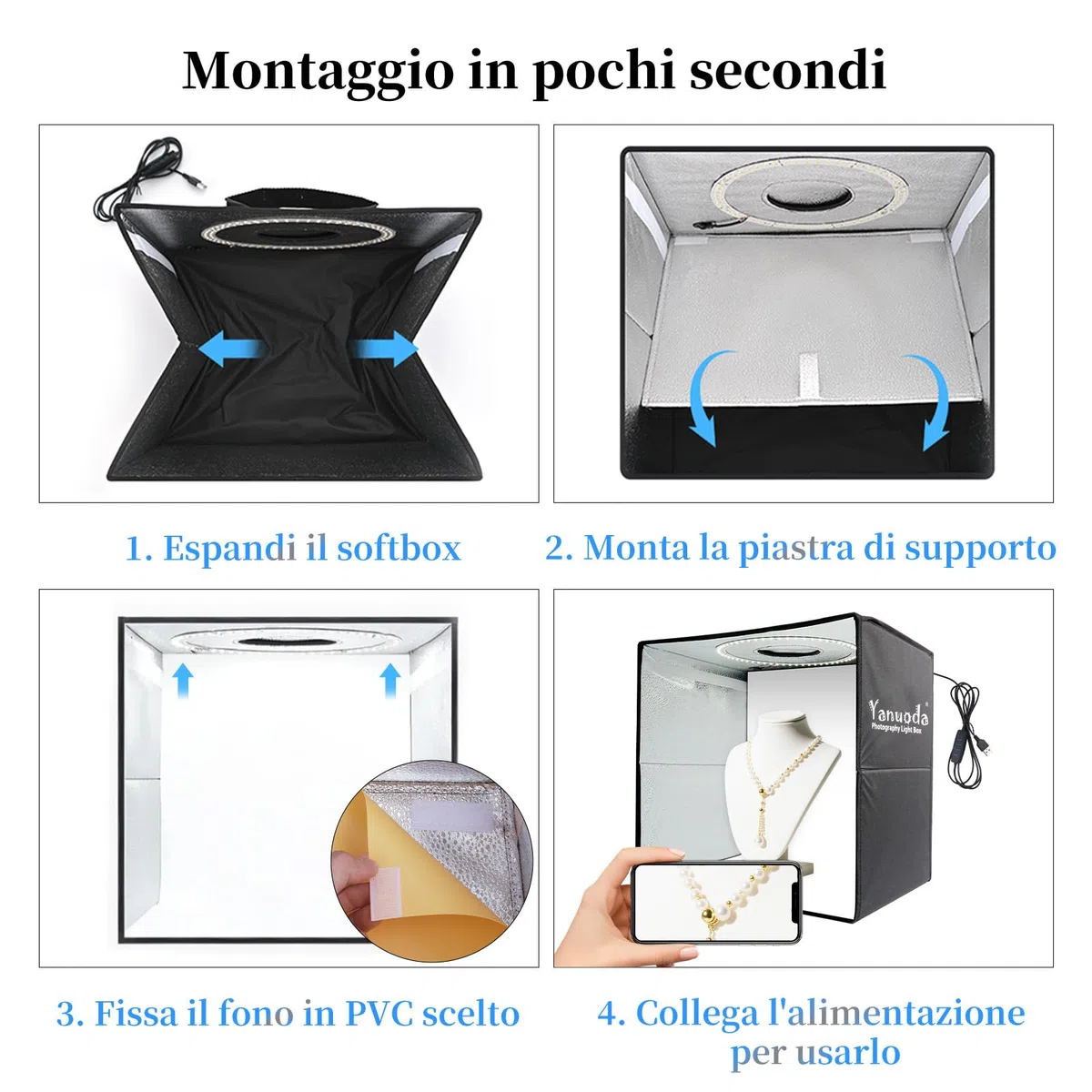Scatola Luce Fotografica Portatile 30x30cm | 120 LED Regolabili (Luce Bianca/Fredda/Calda) | 6 Sfondi PVC | Tenda Superiore per Gioielli | Kit Studio Fotografico Professionale