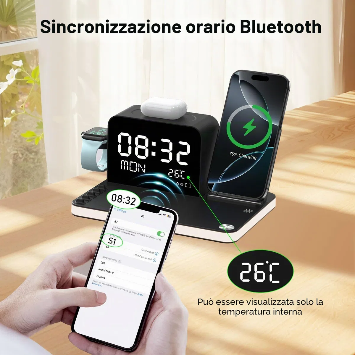 Caricabatterie wireless 7 in 1 con orologio, temperatura e data, compatibile con iPhone 17/16/15/14/13 Pro Max, AirPods e Apple Watch, compatibile con Samsung S25/S24, luce notturna regolabile, 33W