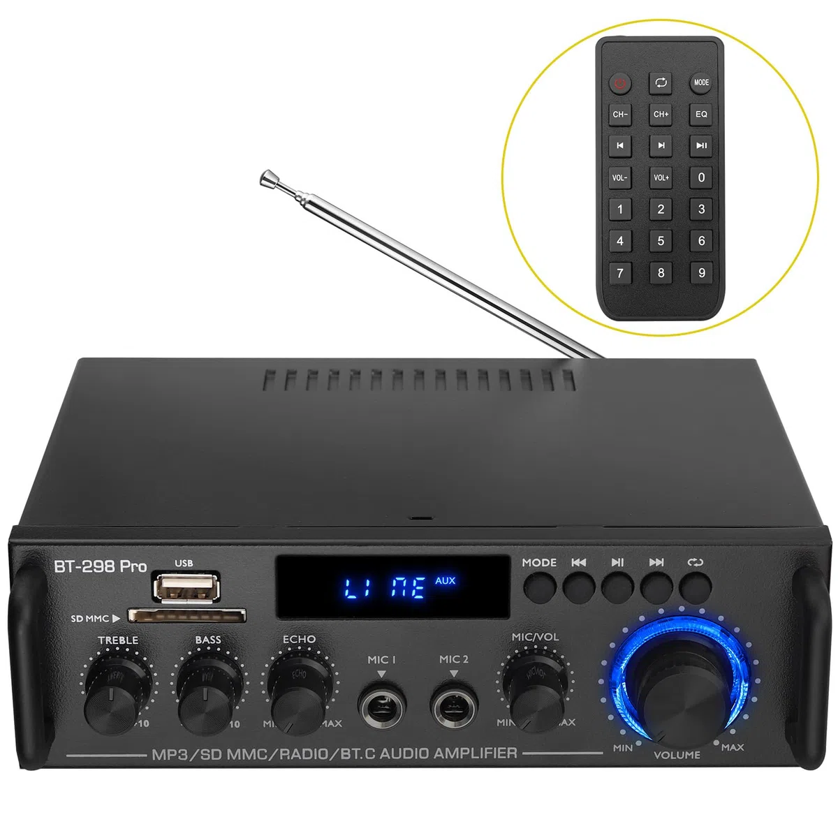 PROZOR Amplificatore Stereo Bluetooth a Due Canali Amplificatore HIFI con Più Modalità di Ingresso e Uscita Amplificatore Audio 50W+50W con Mini Telecomando Amplificatore per Karaoke Home Cinema