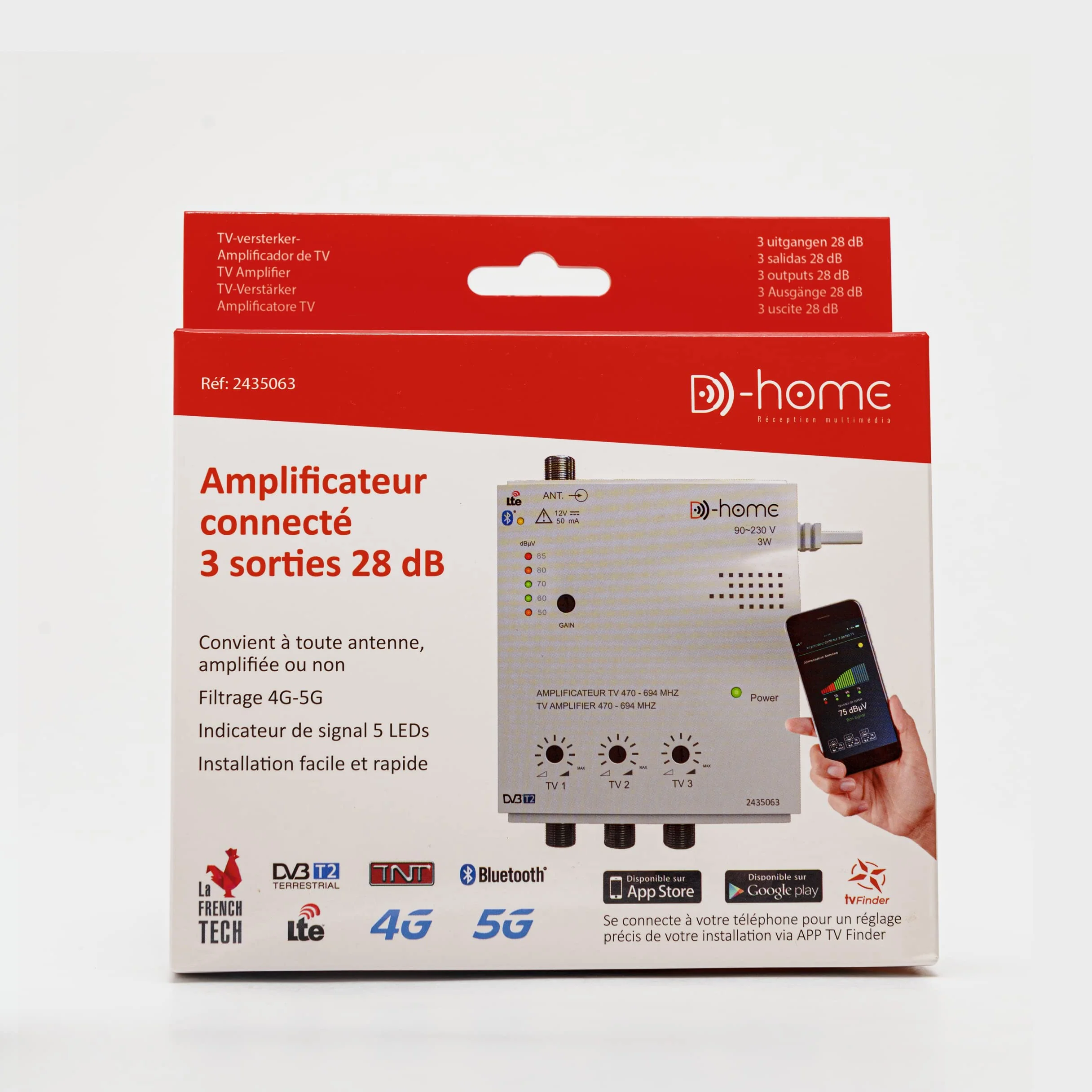 D-Home - Amplificatore TV TNT da interno 3 uscite 28dB Collegato Filtro 4G-5G - Funziona con l'app mobile TV Finder per trovare il miglior segnale disponibile. Per qualsiasi antenna
