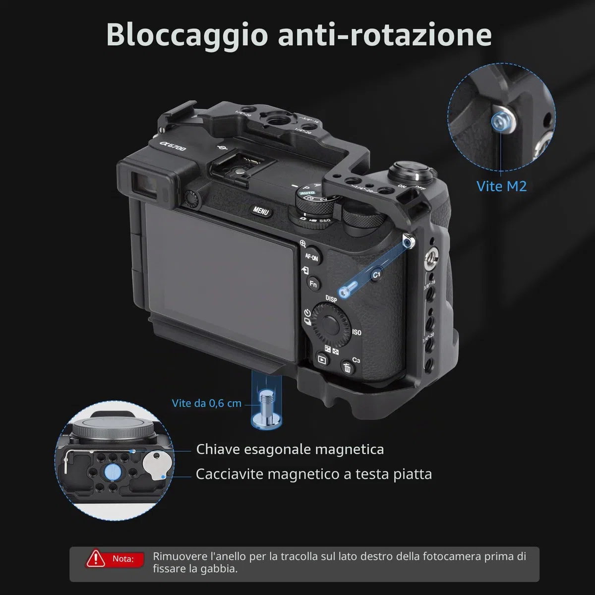 Nitze A6700 Cage, Gabbia per Sony Alpha 6700 Fotocamera con Morsetto per Incorporato Cold Shoe, NATO Rail e Piastra Sgancio Rapido Arca - T-S12A