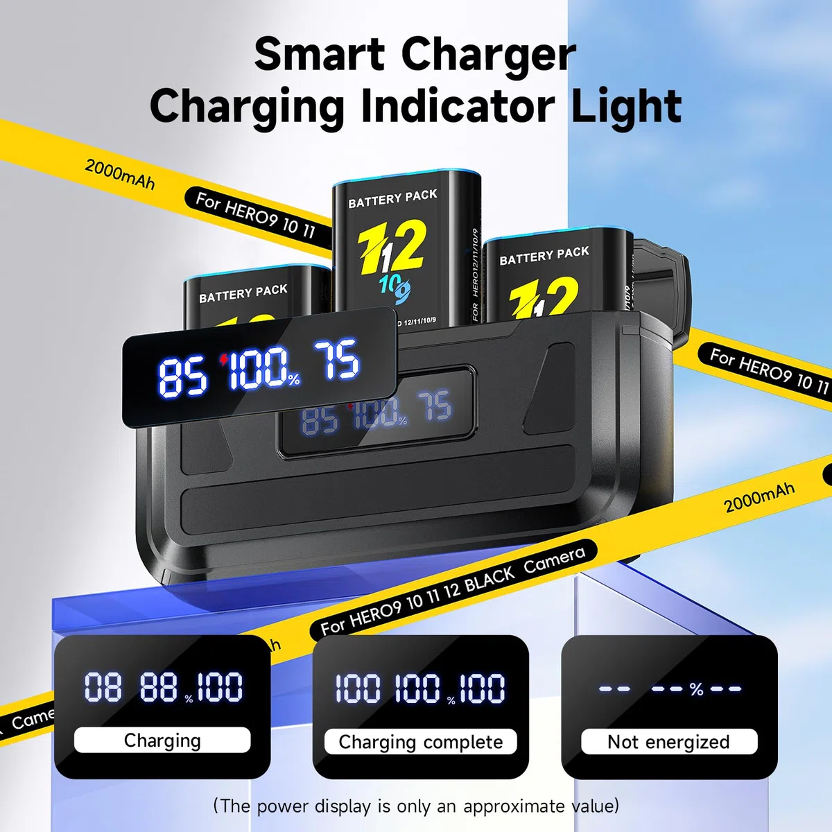 3 Hero 12 batterie 2000mAh con caricatore per Go-Pro Hero 12/11/10/9 Black, 3 canali, con display LCD, slot per schede TF, adatto a basse temperature, formato tascabileg