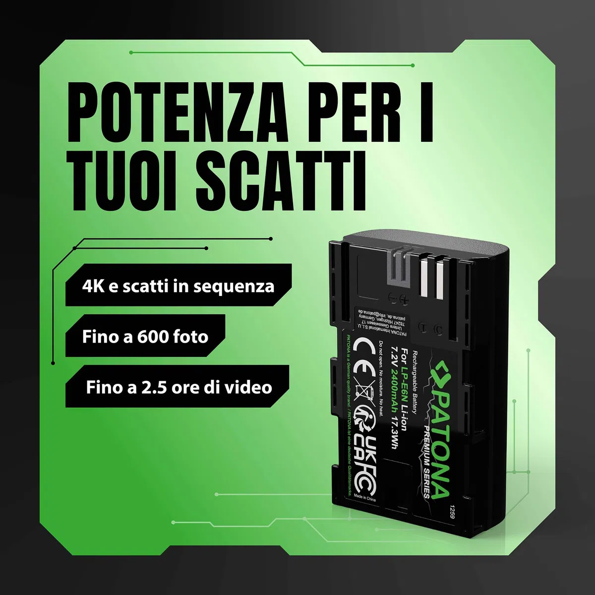 PATONA Premium Batteria LP-E6N 2400mAh – ricambio per Canon LP-E6N LP-E6 – compatibile con EOS R R5 R6 5D Mark II/III/IV 5DS 6D 7D 60D–90D XC10 XC15 – la scelta conveniente