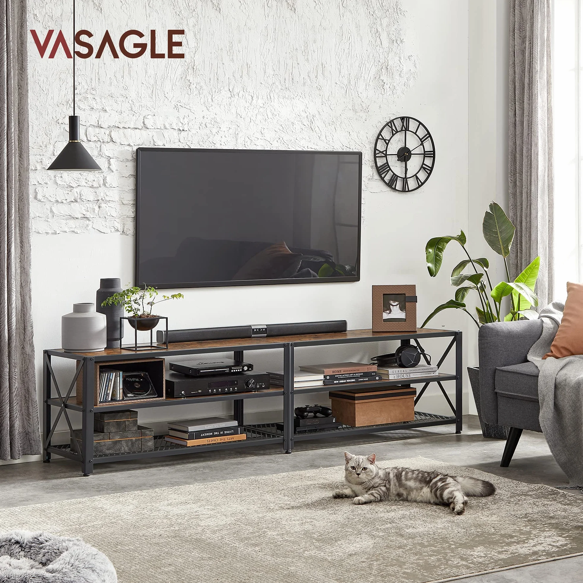 VASAGLE Mobile TV, supporto TV per TV fino a 75 pollici, tavolo da soggiorno, con ripiani in acciaio, per soggiorno, camera da letto, marrone rustico e nero LTV096B01
