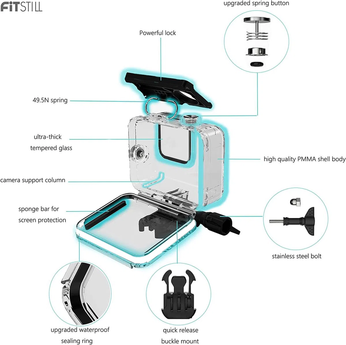 FitStill Custodia impermeabile subacquea 40m, compatibile con Go Pro Hero 2018/7/6/5, monopiede galleggiante per Hero7, Hero6, Hero5