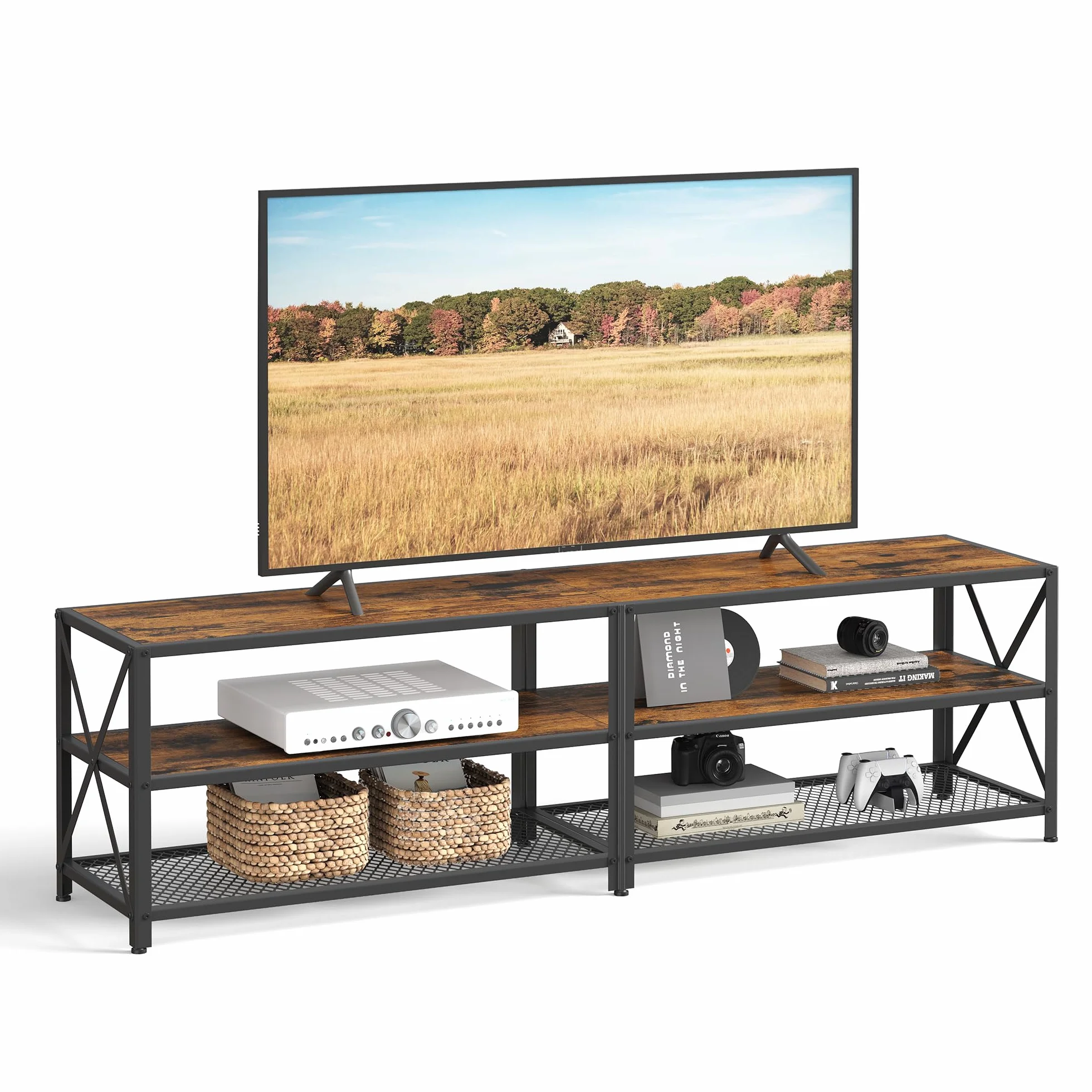 VASAGLE Mobile TV, supporto TV per TV fino a 75 pollici, tavolo da soggiorno, con ripiani in acciaio, per soggiorno, camera da letto, marrone rustico e nero LTV096B01