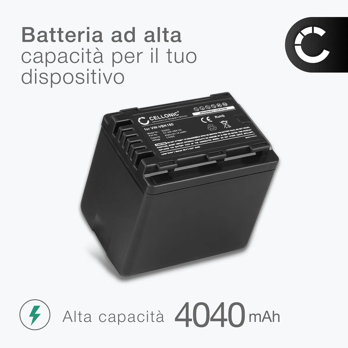 CELLONIC 1x Batteria per Fotocamera Compatibile con Panasonic HC-V180, HC-V777, HC-V380, VW-VBT190 – (4040mAh, 3.6V)