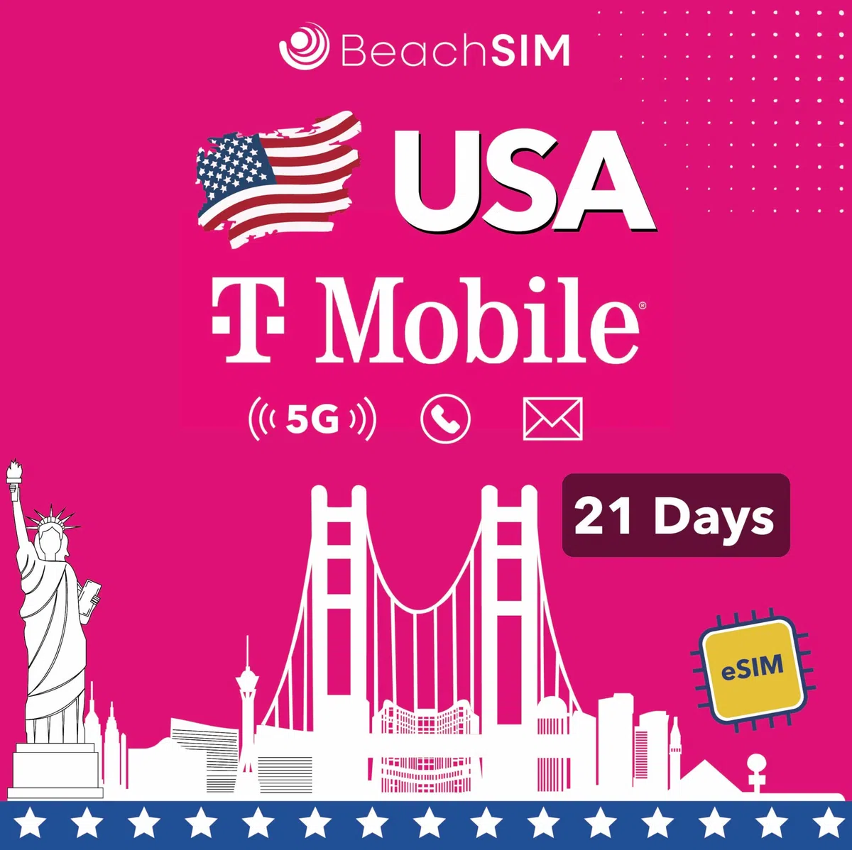 USA eSIM 21 Giorni. Dati Illimitati, Chiamate e SMS Locali su Rete T-Mobile. Attivazione Rapida, Ricarica Facile. Per Dispositivi Compatibili con e-SIM