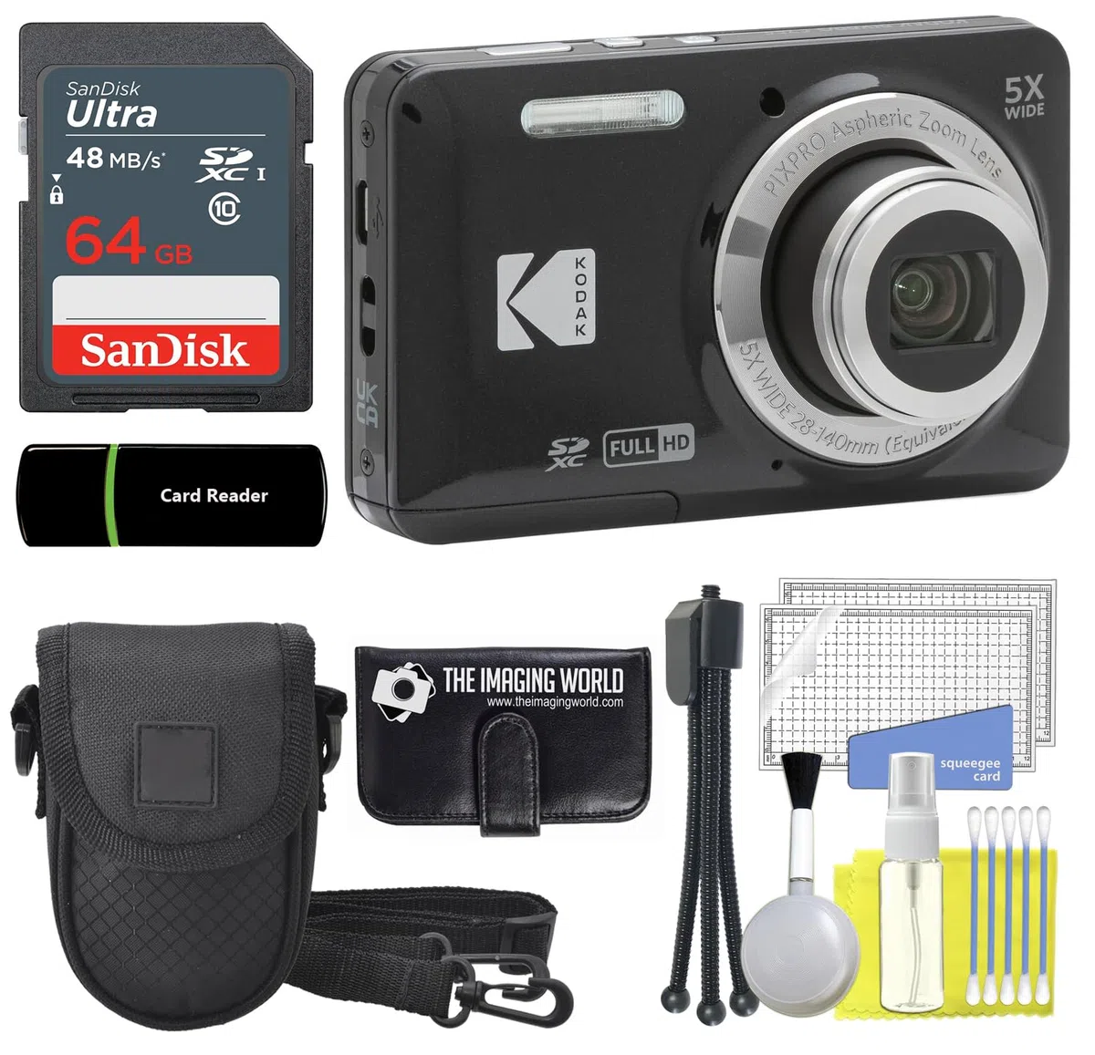The Imaging World KODAK PIXPRO FZ55 - Fotocamera digitale da 16 MP, zoom ottico 5 x 28 mm, grandangolo 1080p, fotocamera LCD Full HD da 2,7", scheda e lettore da 64 GB, custodia + portafoglio memoria