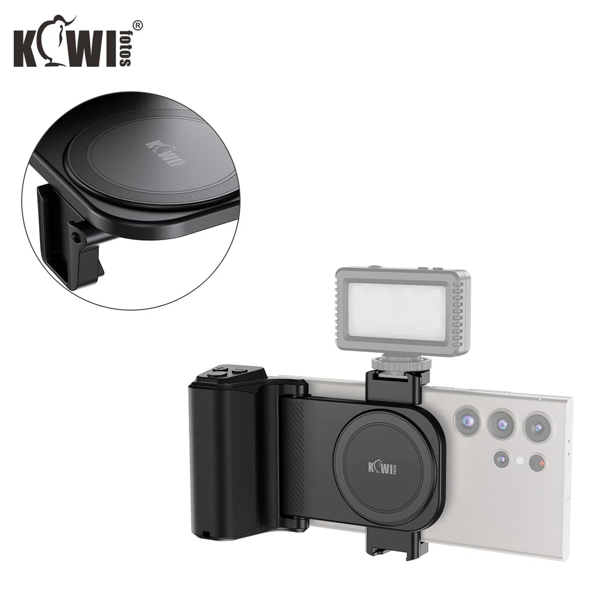 KIWIFOTOS Impugnatura Grande Smartphone Grip con Wireless Telecomando Bluetooth, Registrazione Vlogging Riprese per Telefoni Android e iOS Larghezza 59-85mm