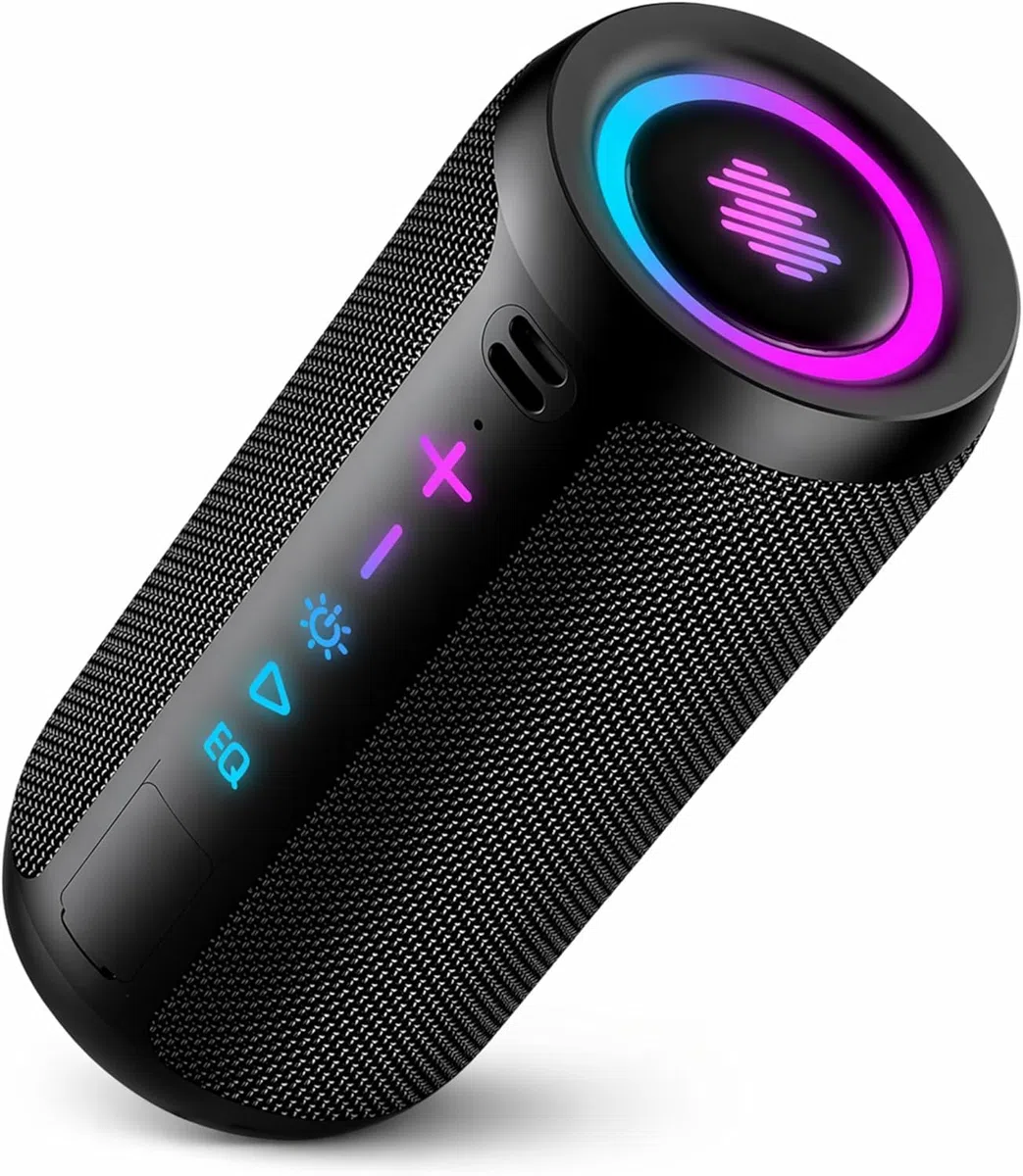 TIMU Cassa Bluetooth Portatile Potente, Altoparlante Bluetooth 5.4 con 2 Modalità EQ, IPX7, TWS, 24H di Autonomia, 8 Modalità RGB, Cinghia da Trekking, Compatibile con PC, AUX, TF