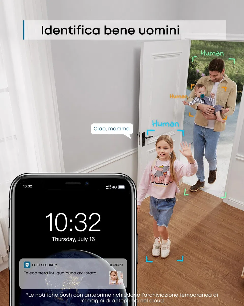 eufy Security IndoorCam E220 telecamera wifi interno, 2K Pan & Tilt, Videosorveglianza con AI per Riconoscimento Persone/Animali, Assistenza Vocale, Visione Notturna, MicroSD non Inclusa