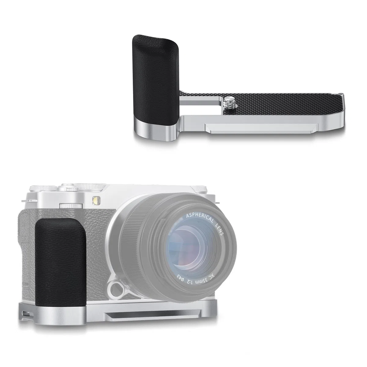 JJC XM5 - Impugnatura in Metallo per Fotocamera Fujifilm Fuji X-M5, Piastra di Supporto a Sgancio Rapido Arca Swiss, con Staffa a L in Silicone Antiscivolo, Impugnatura Migliorata, Argento